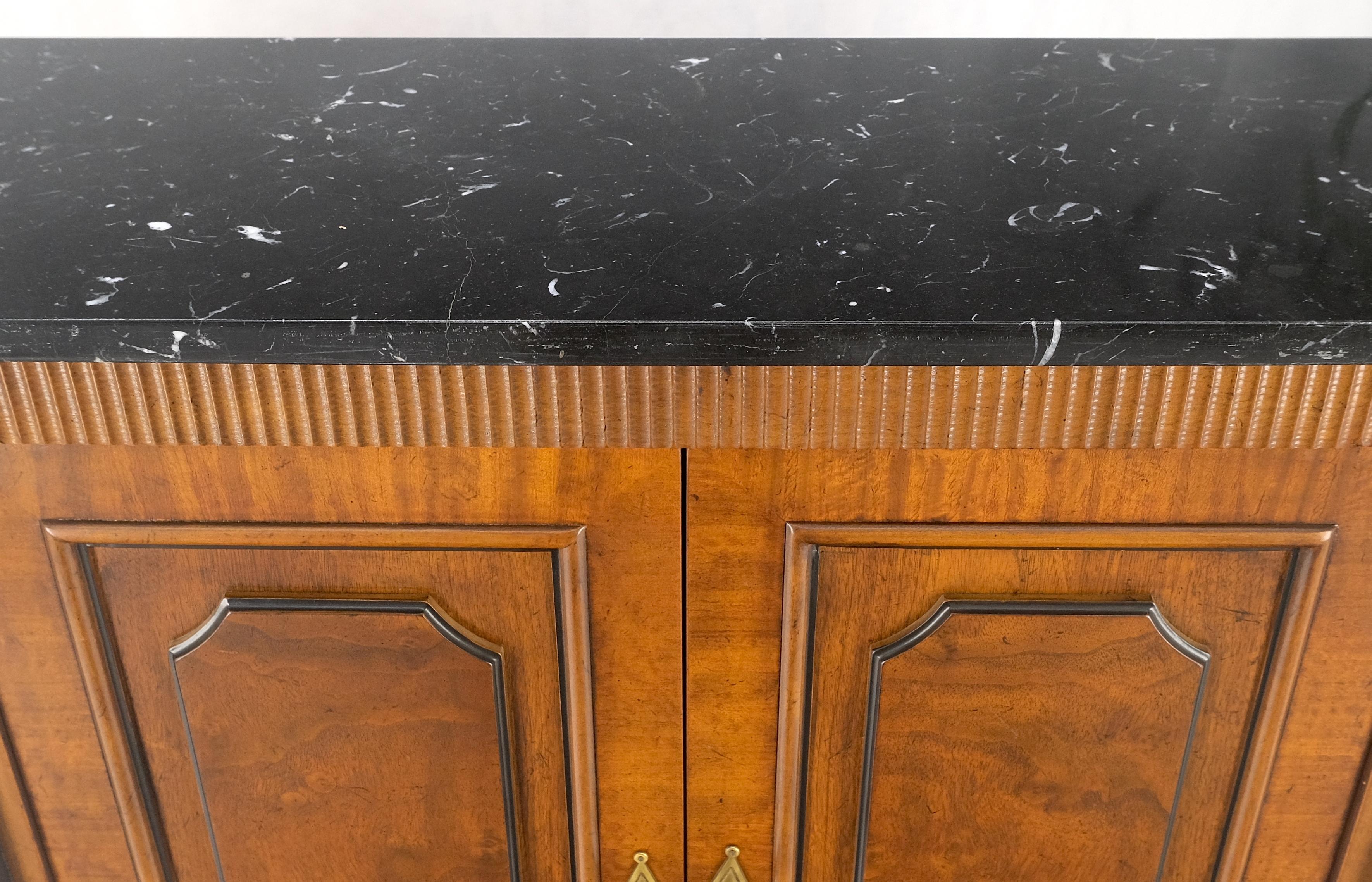 Lacquered Pair Regency Style Burl Walnut Scallop Banding Black Marble Top Cabinet Credenza For Sale