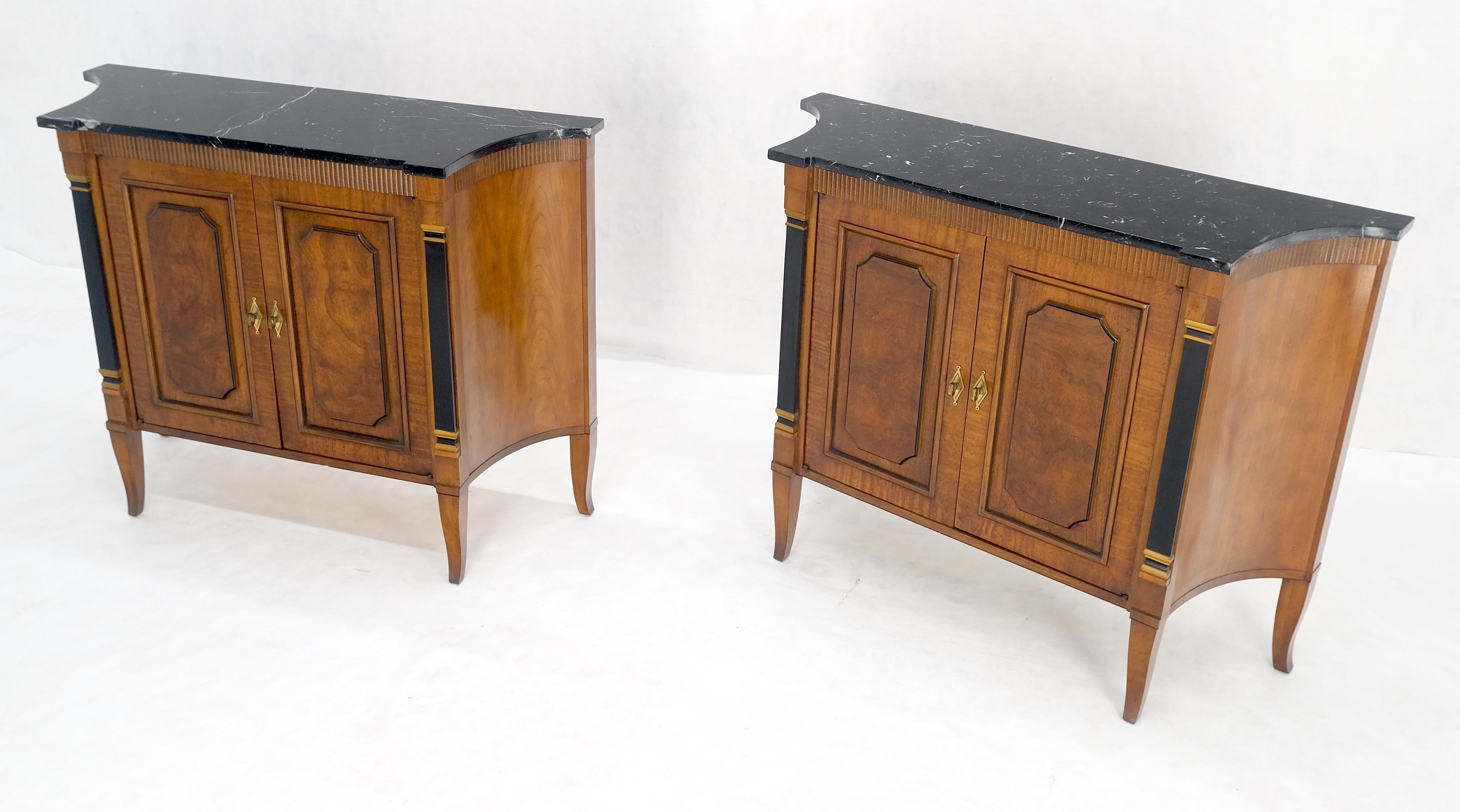 Brass Pair Regency Style Burl Walnut Scallop Banding Black Marble Top Cabinet Credenza For Sale