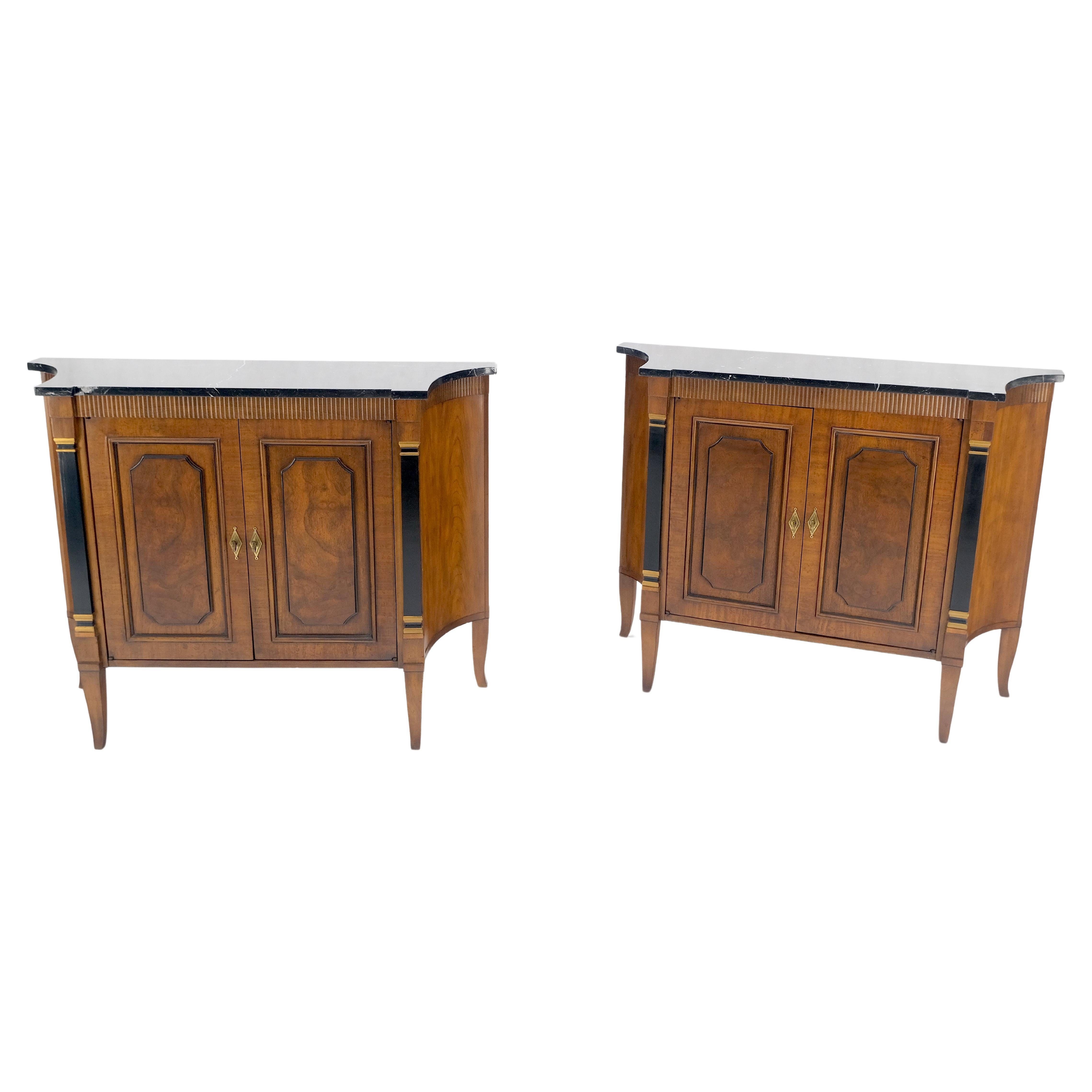 Pair Regency Style Burl Walnut Scallop Banding Black Marble Top Cabinet Credenza For Sale