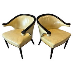 Pair Regency Style Chairs Scrolling Arms Leather Upholstery with Nailhead Trim