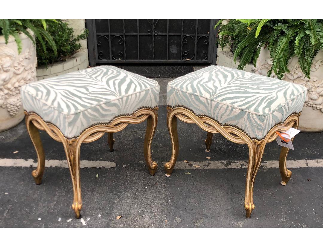 Hollywood Regency Regency Style Designer Taboret Benches with Cut Velvet Zebra, Randy Esada, Pair For Sale