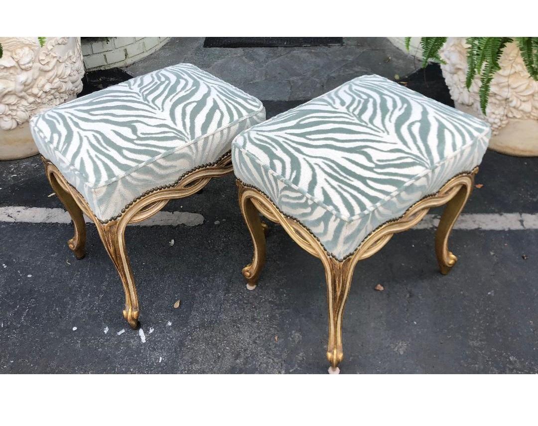American Regency Style Designer Taboret Benches with Cut Velvet Zebra, Randy Esada, Pair For Sale