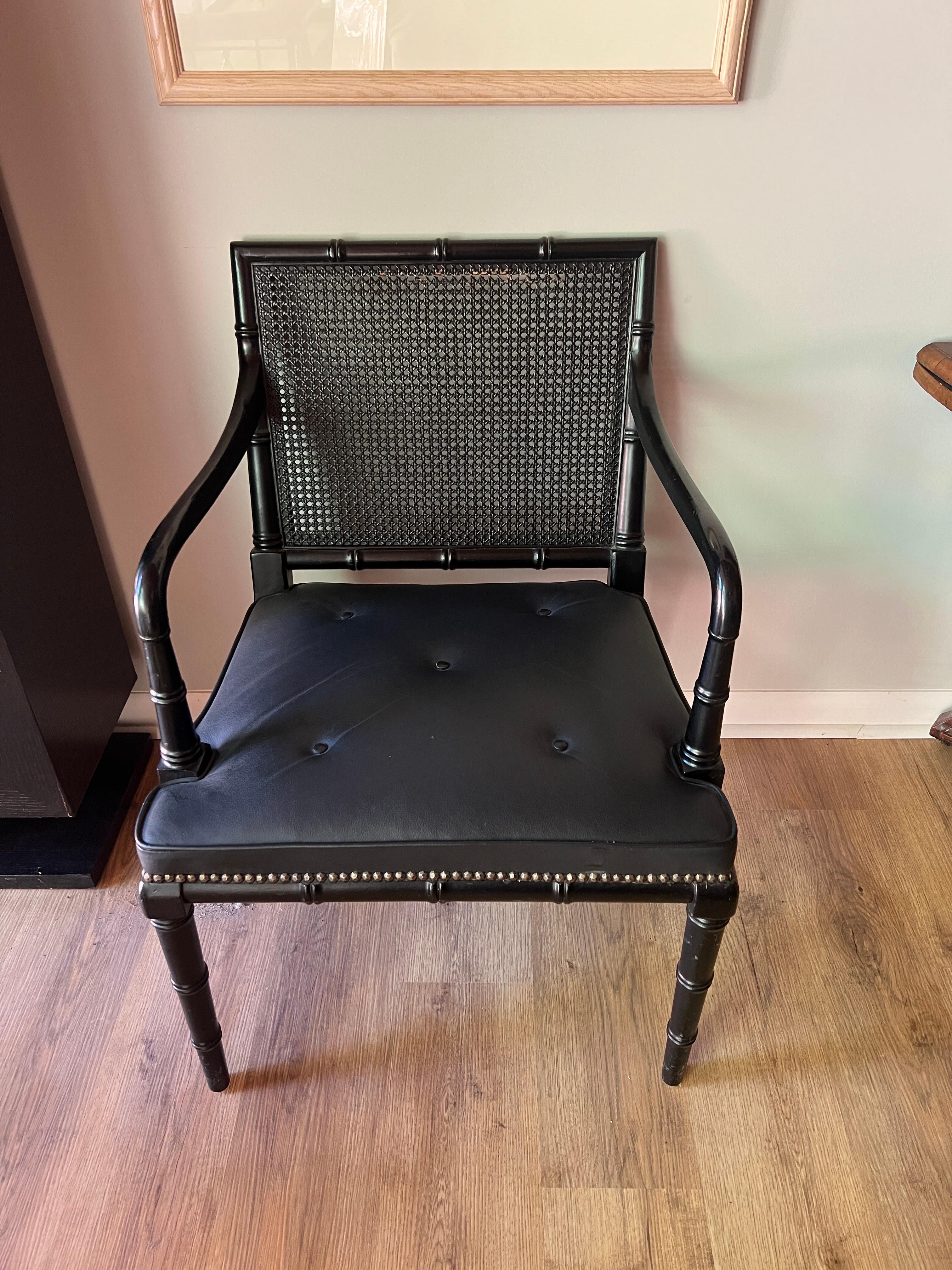 Pair, Regency Style Ebonized Faux Bamboo, Leather & Cane Back Armchairs In Good Condition For Sale In Atlanta, GA