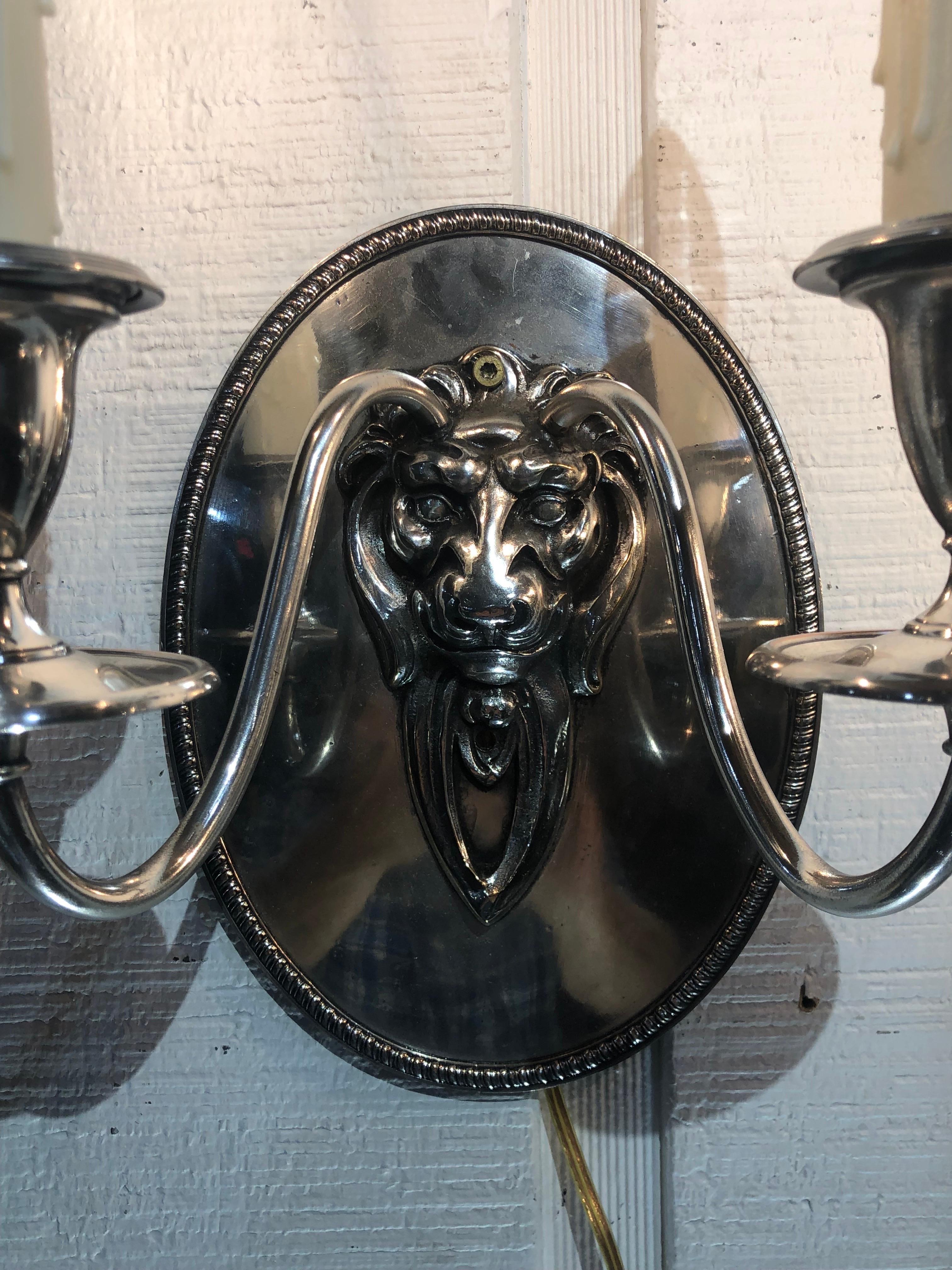 Pair Regency Style Lion Silver Plate Sconces Stamped Gebelein, Boston For Sale 4