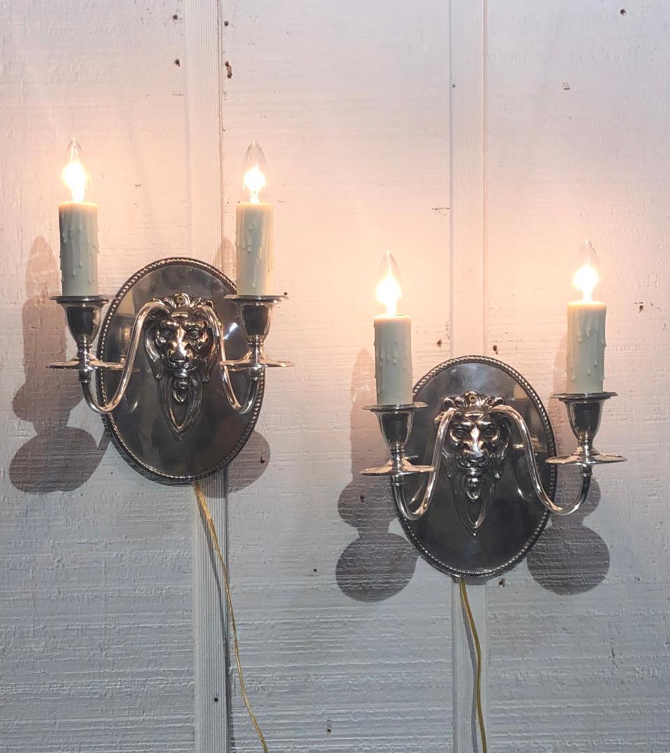 Pair Regency Style Lion Silver Plate Sconces Stamped Gebelein, Boston For Sale 5