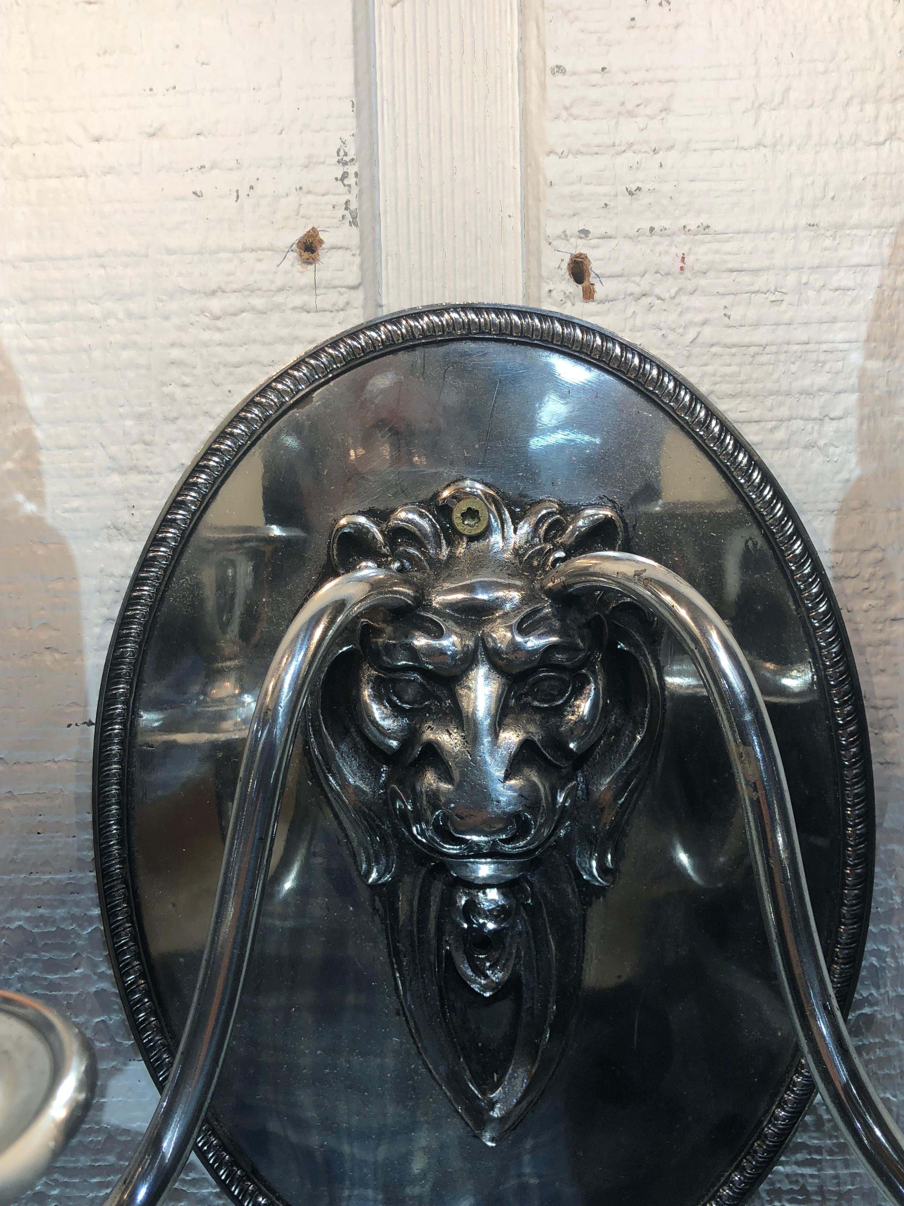 Pair Regency Style Lion Silver Plate Sconces Stamped Gebelein, Boston For Sale 9