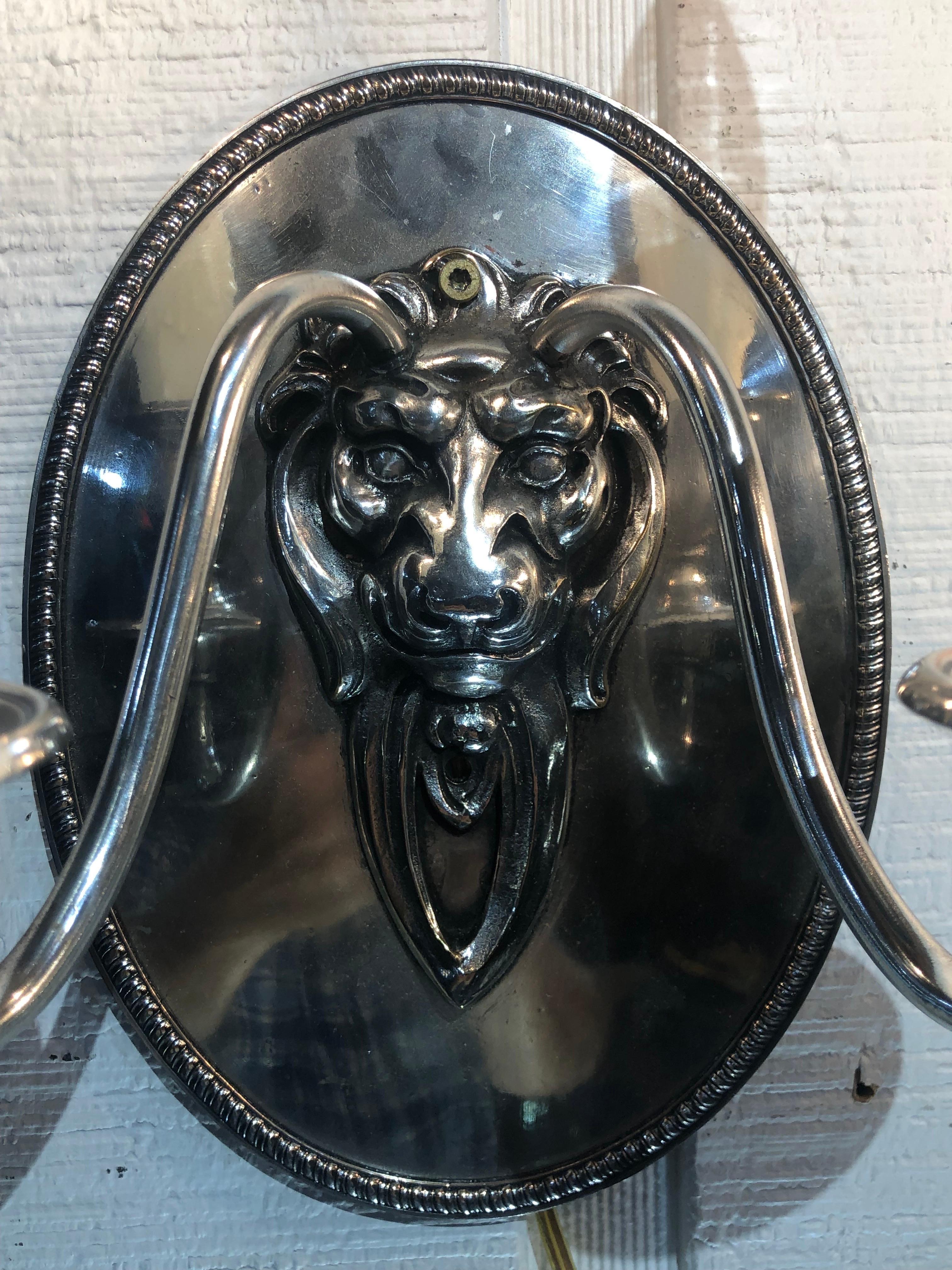 Pair Regency Style Lion Silver Plate Sconces Stamped Gebelein, Boston For Sale 10