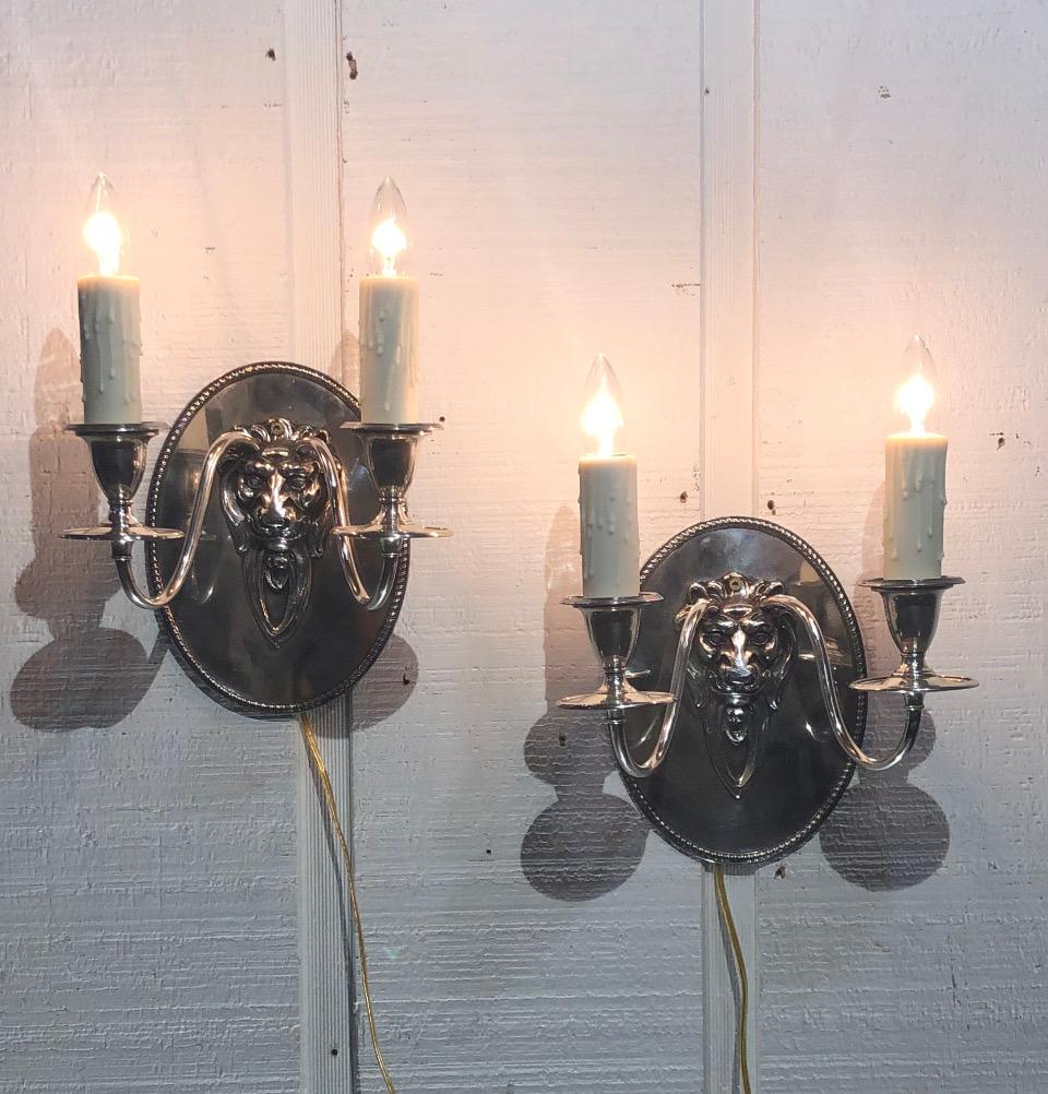 Pair Regency Style Lion Silver Plate Sconces Stamped Gebelein, Boston For Sale 12