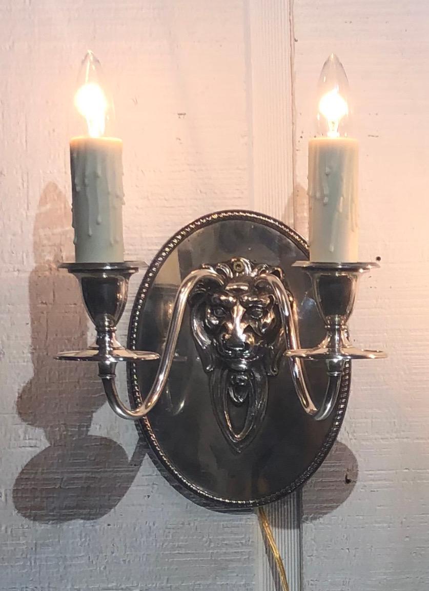 Pair Regency Style Lion Silver Plate Sconces Stamped Gebelein, Boston In Good Condition For Sale In Charleston, SC
