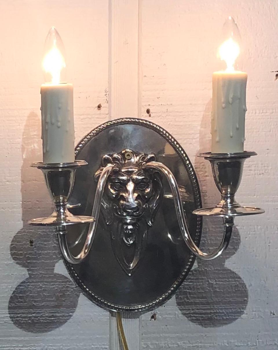 20th Century Pair Regency Style Lion Silver Plate Sconces Stamped Gebelein, Boston For Sale