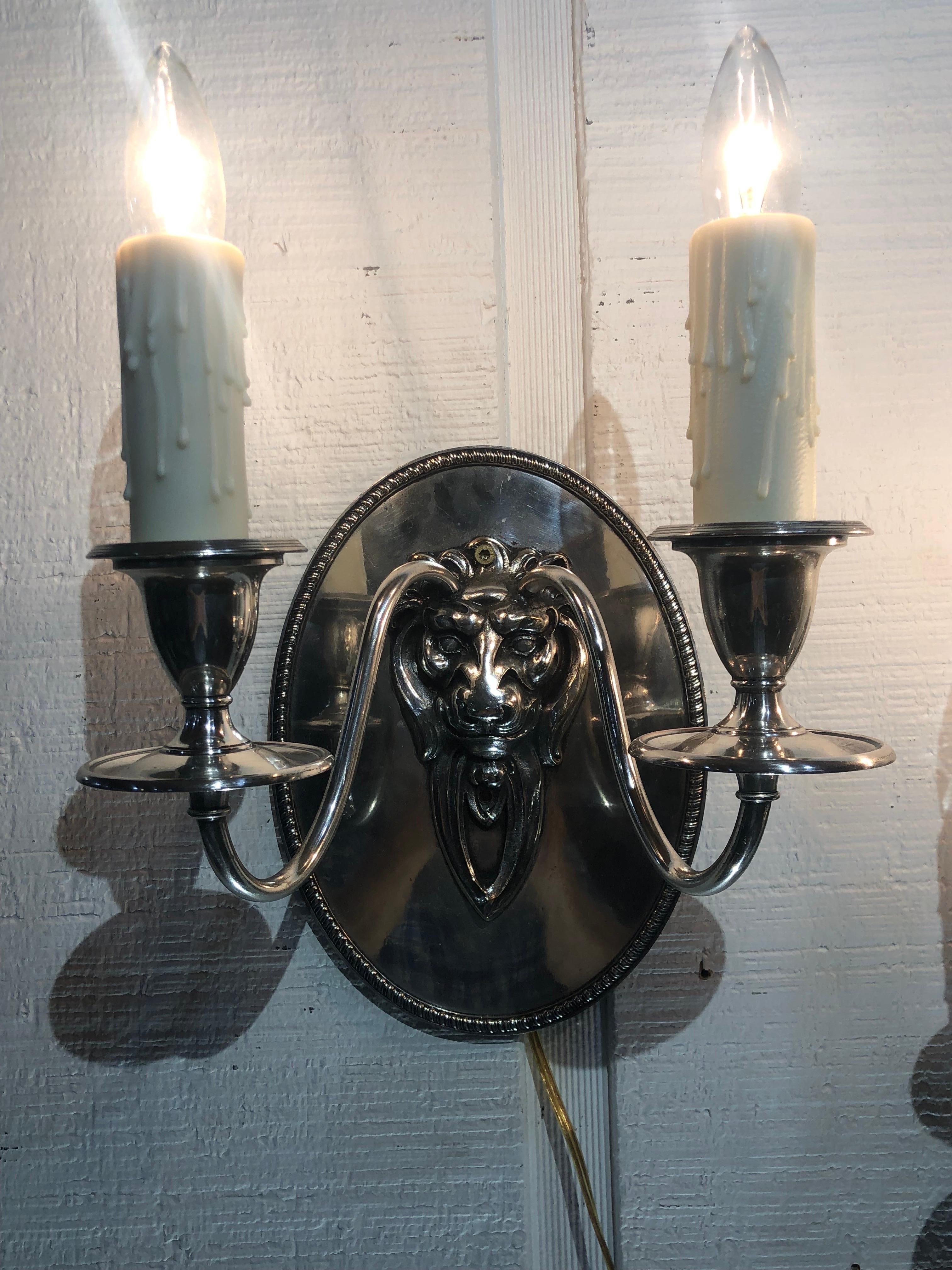 Pair Regency Style Lion Silver Plate Sconces Stamped Gebelein, Boston For Sale 3