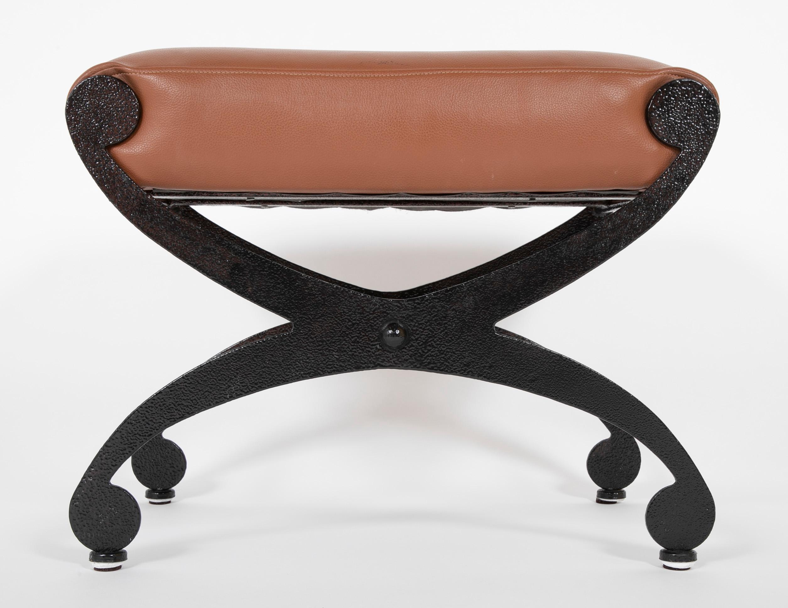 Blackened Pair Regency Style Steel Upholstered X-Stools For Sale