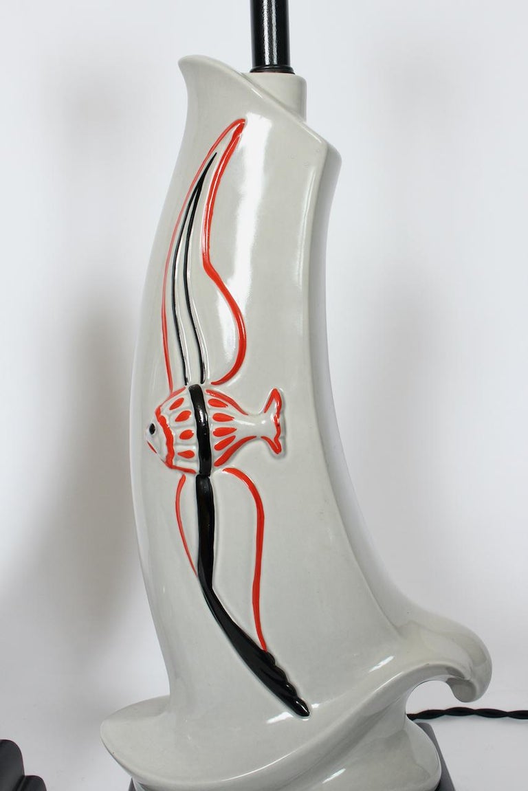Pair Rembrandt Lamp Co. "Flying Fish" Glazed Ceramic Table Lamps, circa