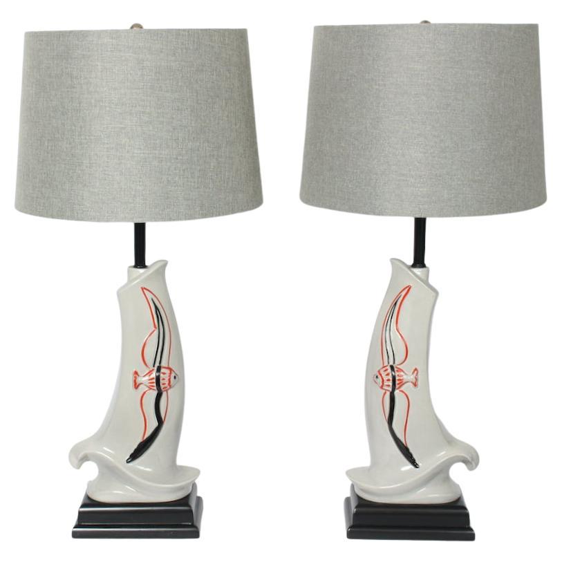 Pair Rembrandt Lamp Co. "Flying Fish" Glazed Ceramic Table Lamps, circa 1950 For Sale