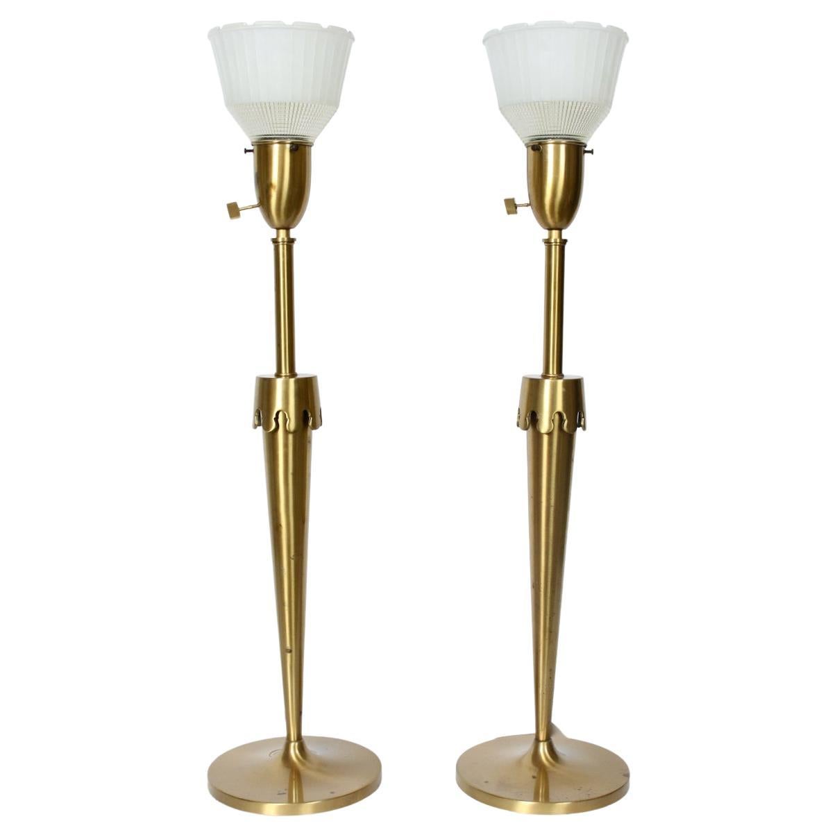 Pair Rembrandt Masterpieces Parzinger Style Brass Candlestick Torch Table Lamps  For Sale