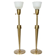 Pair Rembrandt Masterpieces Parzinger Style Brass Candlestick Torch Table Lamps 