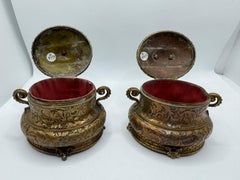 Pair Renaissance Revival Gilt-Metal Jewellery Caskets with Dog Finials c.1880
