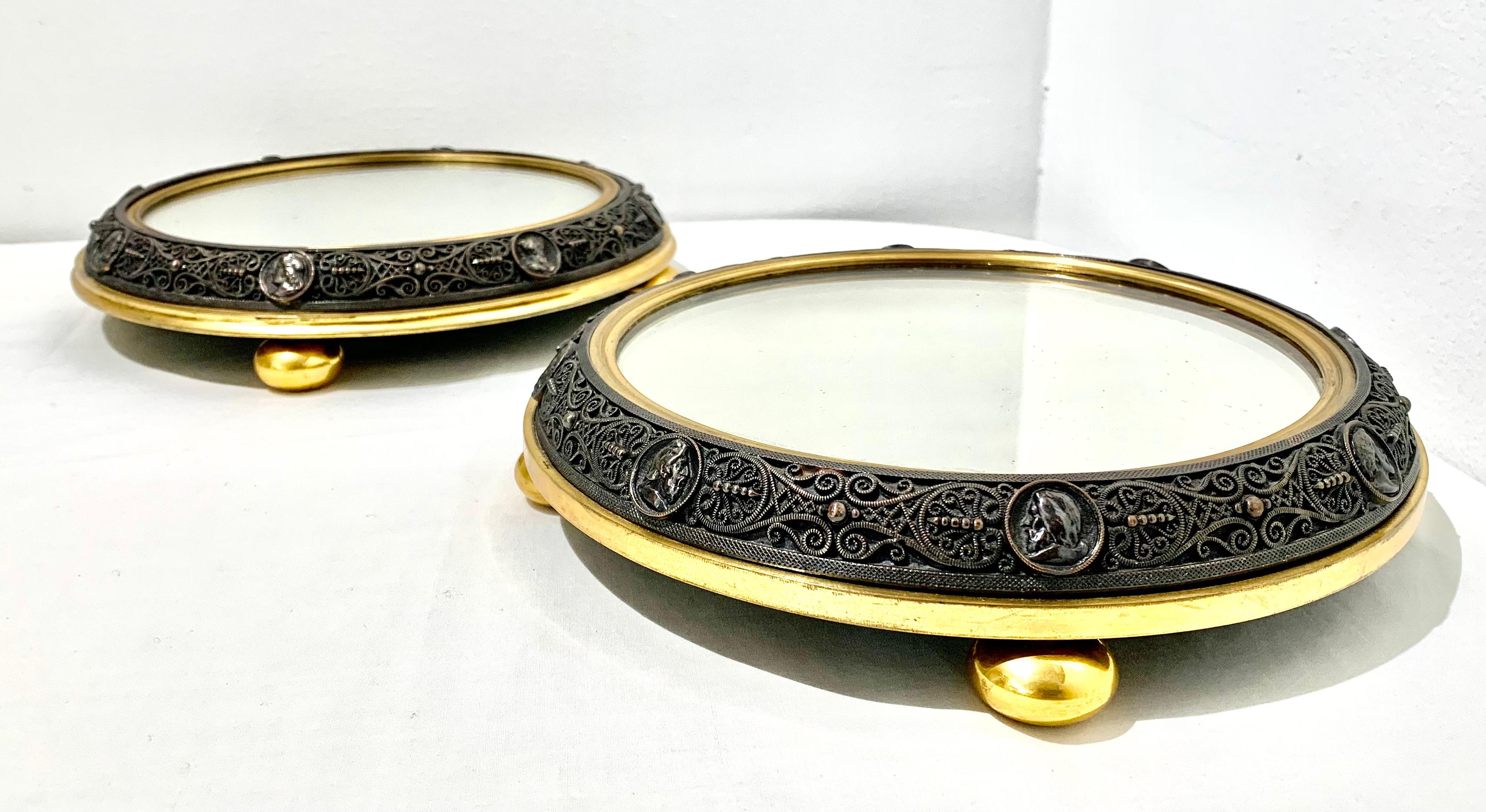 19th Century Pair Renaissance Style Gilt Silvered Bronze Surtout de Table Wine Coasters For Sale