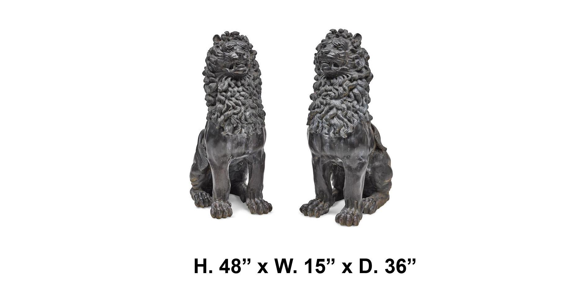 Magnificent life-size pair of Renaissance style black patinated bronze Guardian lions.
First half 20th century.

Meticulous attention was given to every detail of the lions. This pair can be purposed as an accenting piece in either the interior and