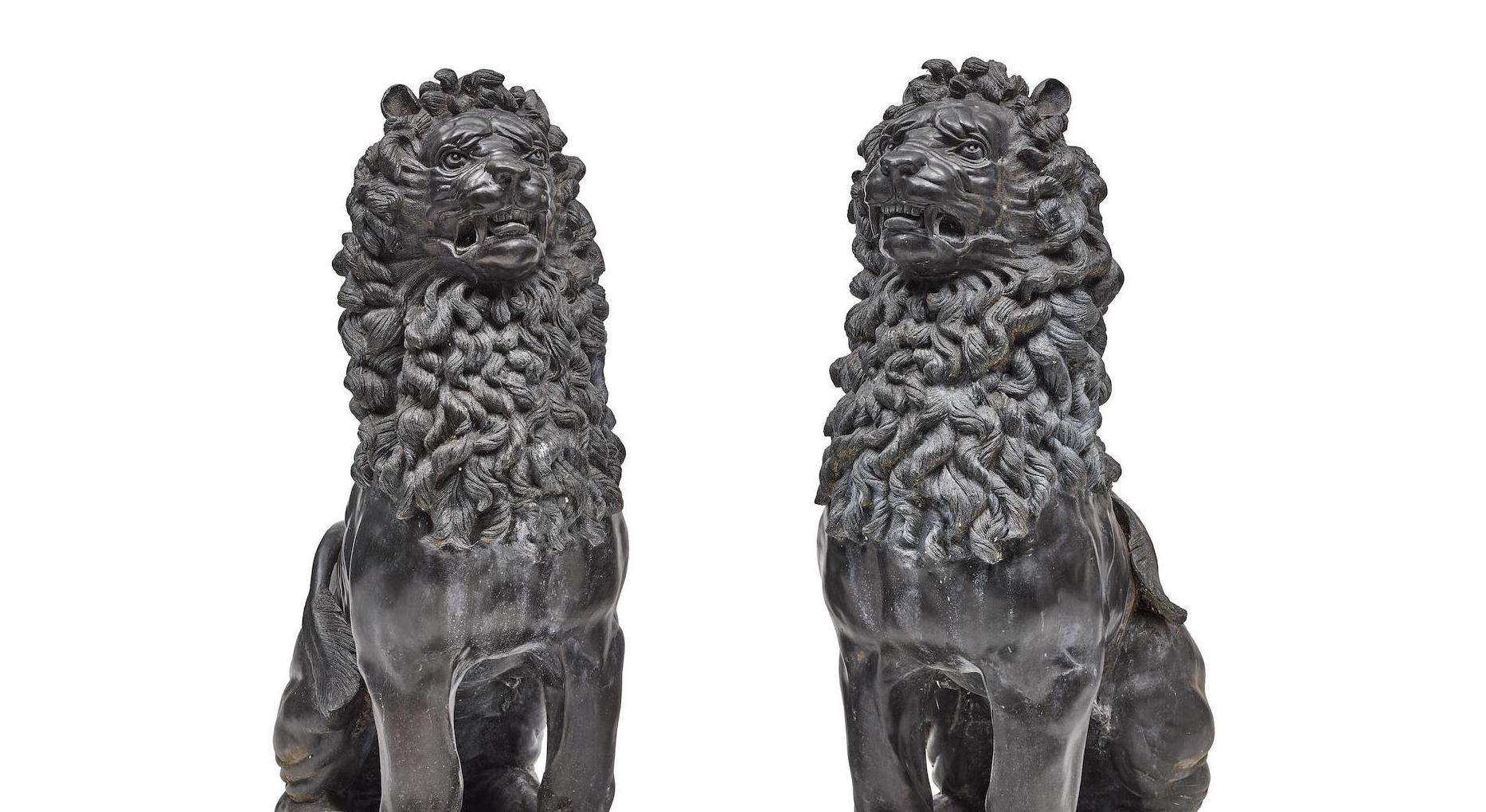 Pair of Renaissance Style Patinated Bronze Guardian Lions In Good Condition In Cypress, CA