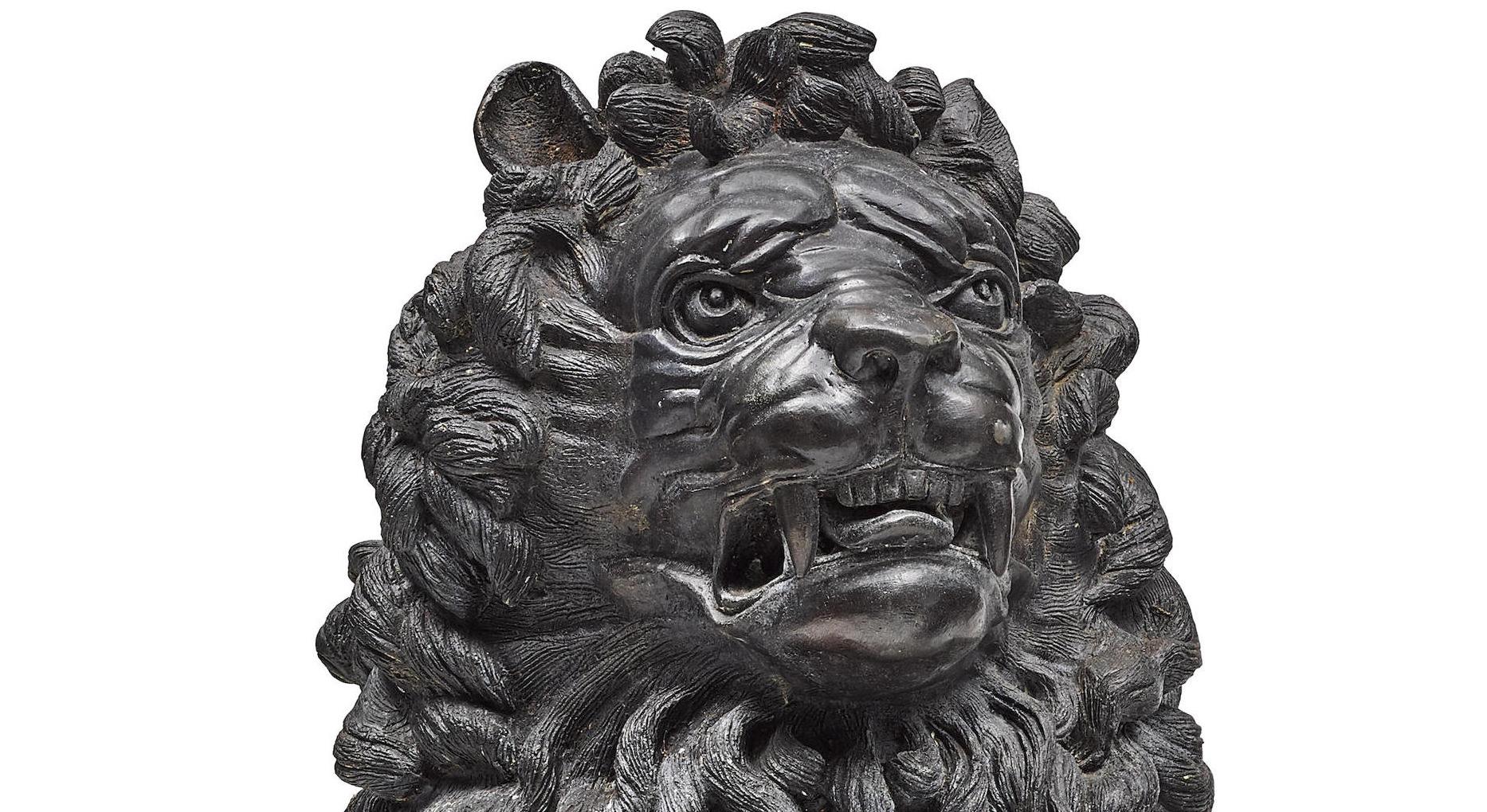 Pair of Renaissance Style Patinated Bronze Guardian Lions 1