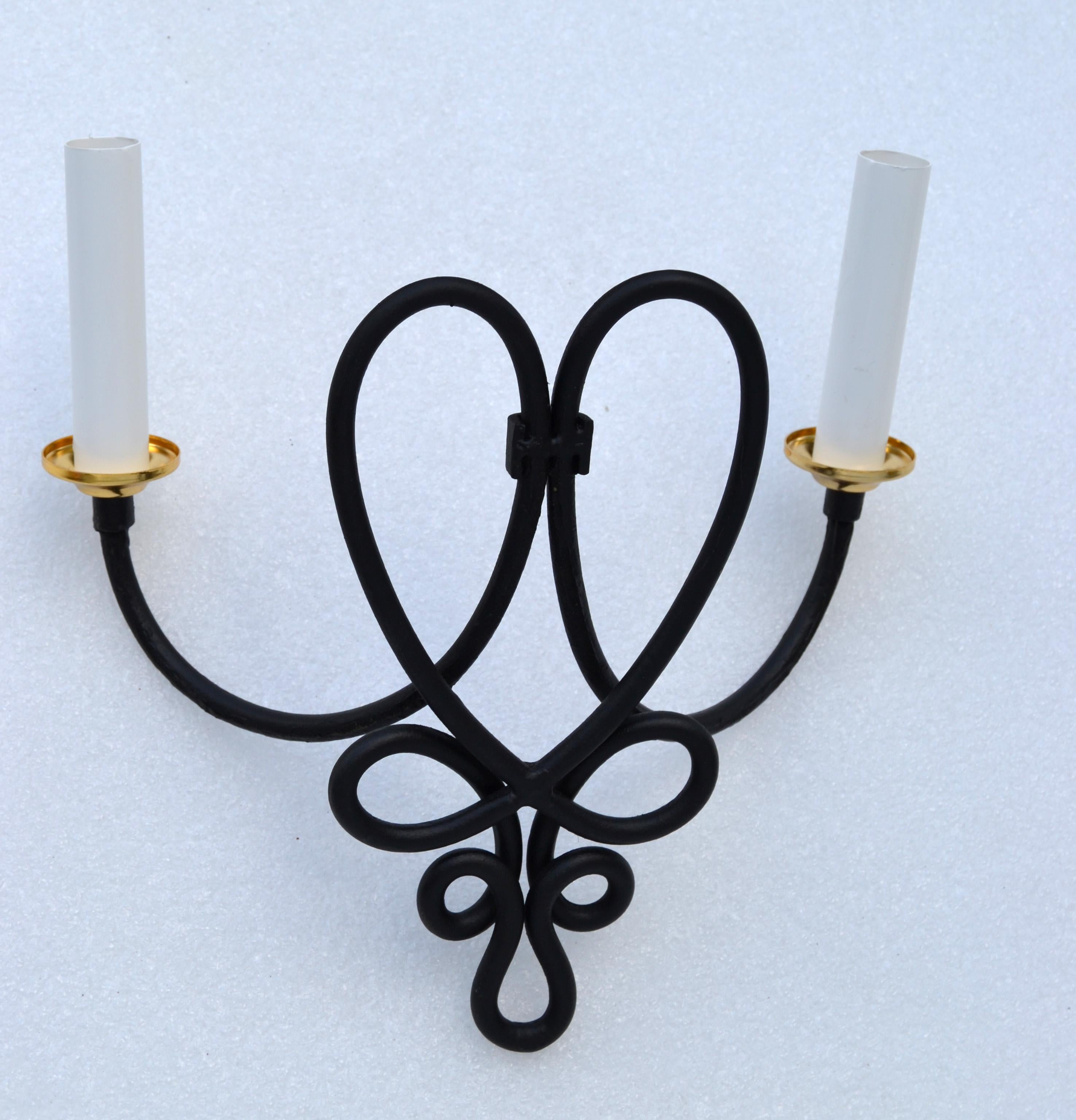 Pair, Rene Prou French 2 Lights Wrought Iron & Brass Wall Sconces Black Finish For Sale 5