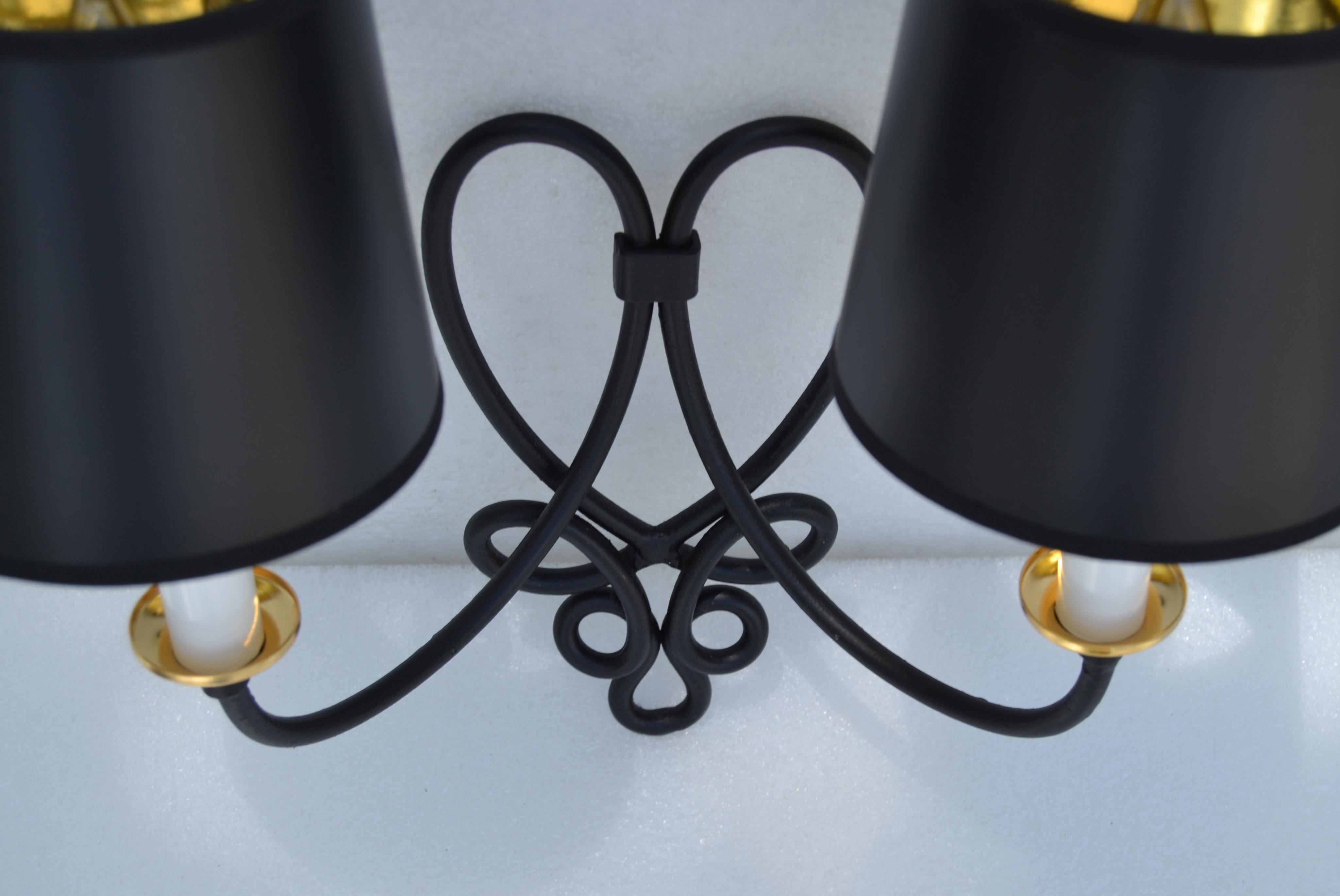 Pair, Rene Prou French 2 Lights Wrought Iron & Brass Wall Sconces Black Finish For Sale 6