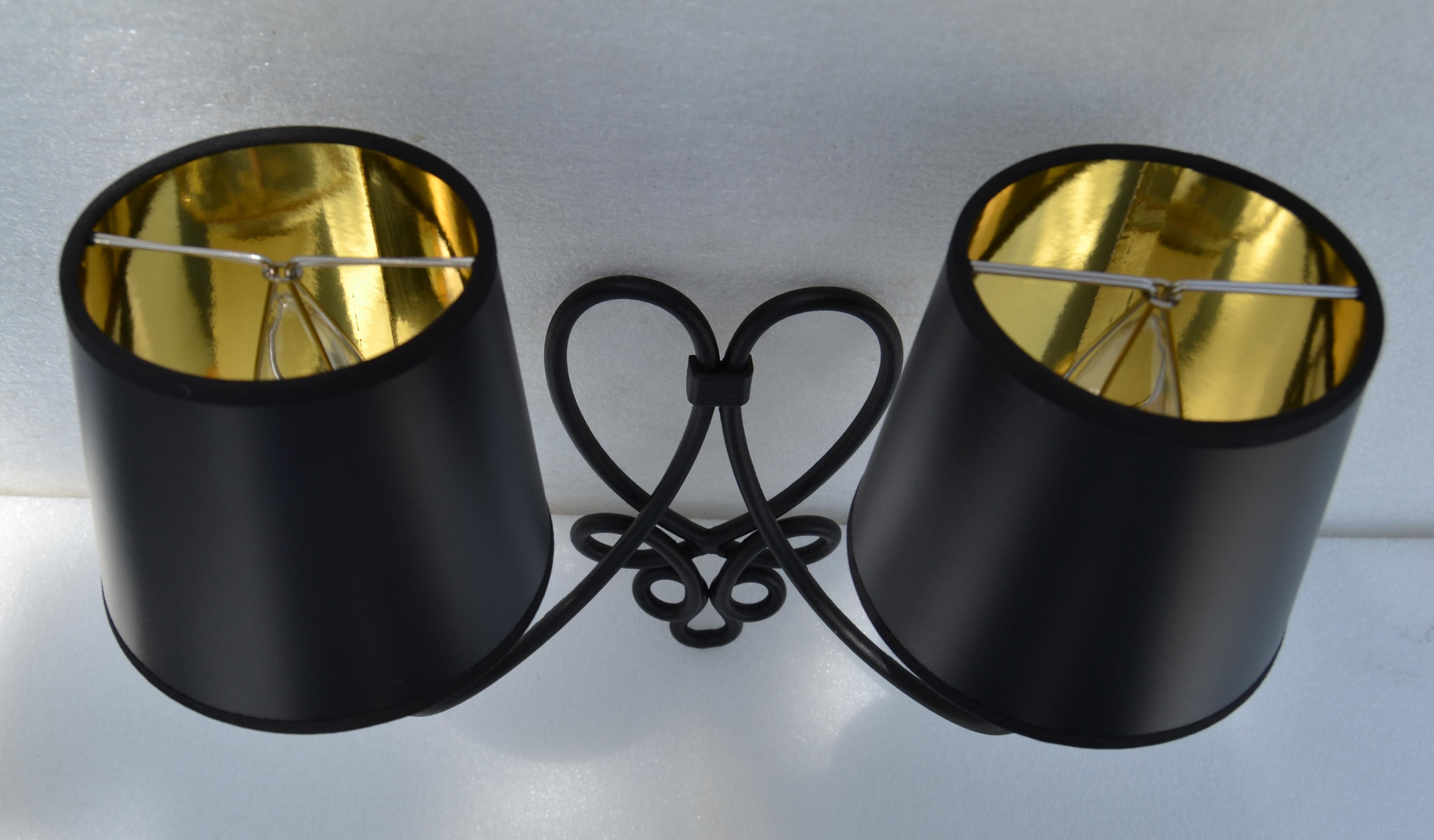 Pair, Rene Prou French 2 Lights Wrought Iron & Brass Wall Sconces Black Finish For Sale 7