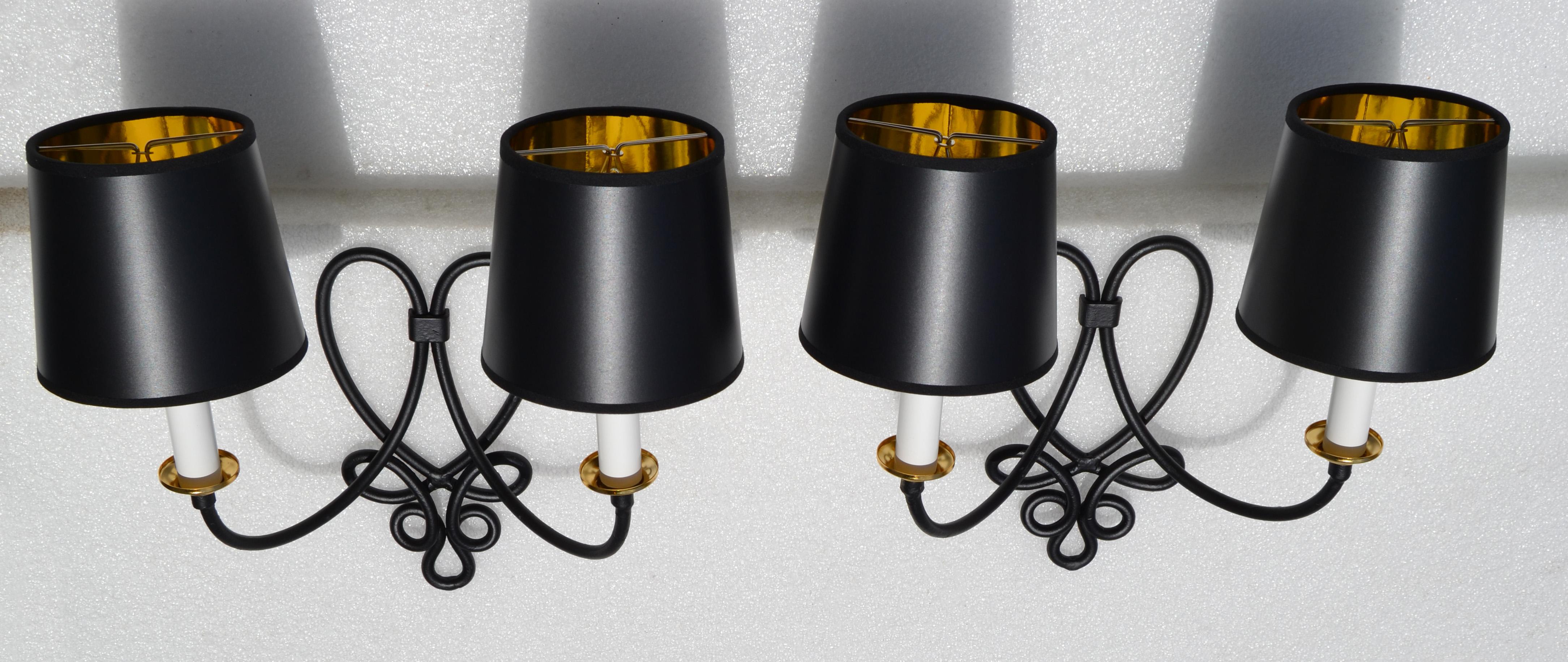Pair, Rene Prou French 2 Lights Wrought Iron & Brass Wall Sconces Black Finish 8