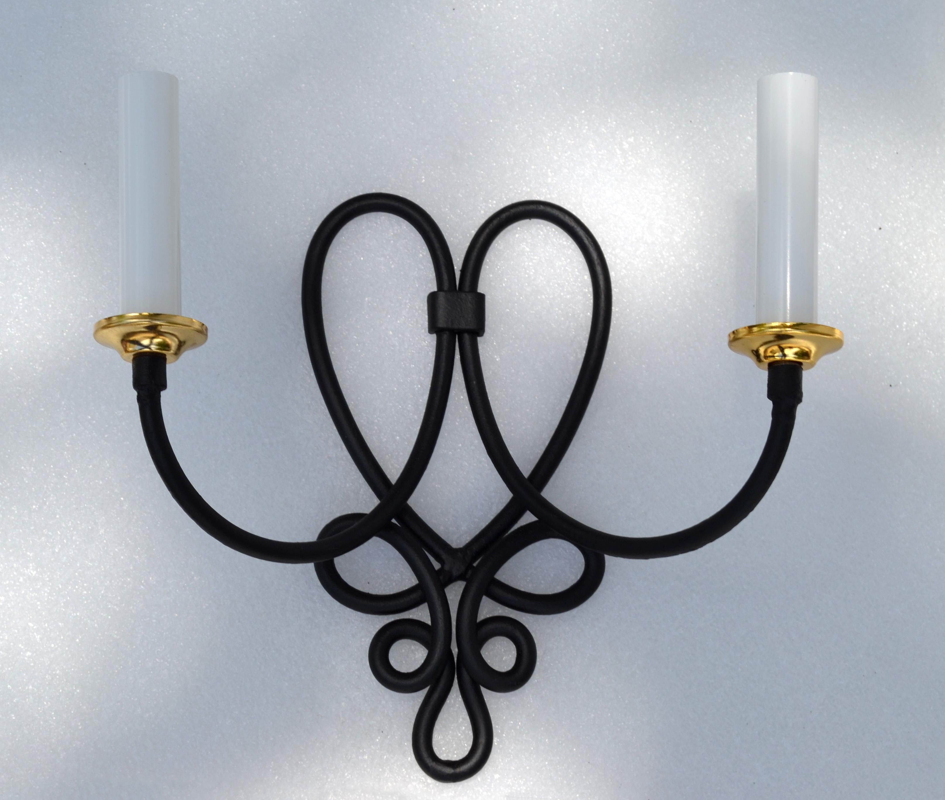 Pair, Rene Prou French 2 Lights Wrought Iron & Brass Wall Sconces Black Finish For Sale 9