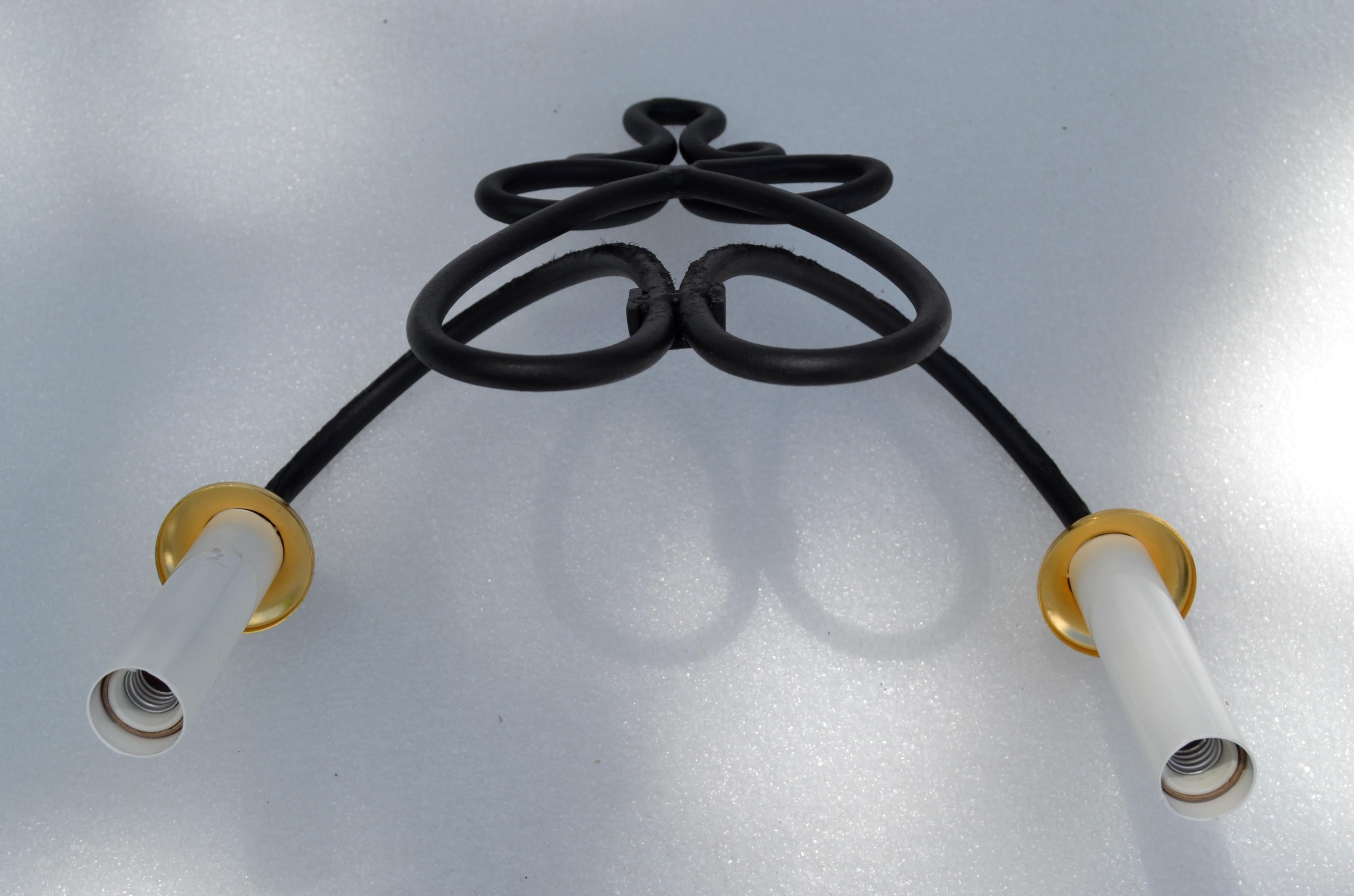 Pair, Rene Prou French 2 Lights Wrought Iron & Brass Wall Sconces Black Finish For Sale 11