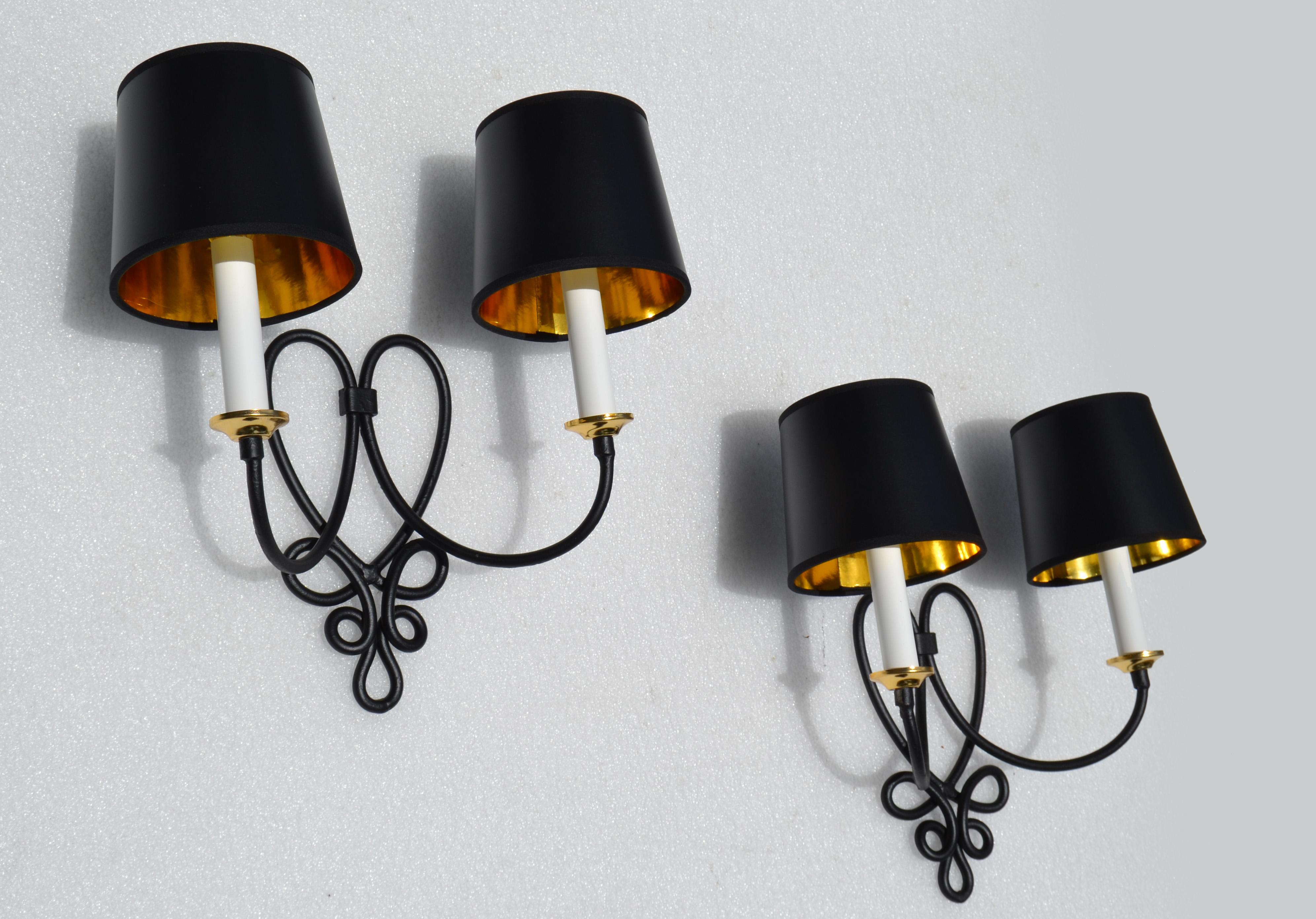 Pair, Rene Prou French 2 Lights Wrought Iron & Brass Wall Sconces Black Finish For Sale 13