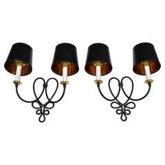Pair, Rene Prou French 2 Lights Wrought Iron & Brass Wall Sconces Black Finish