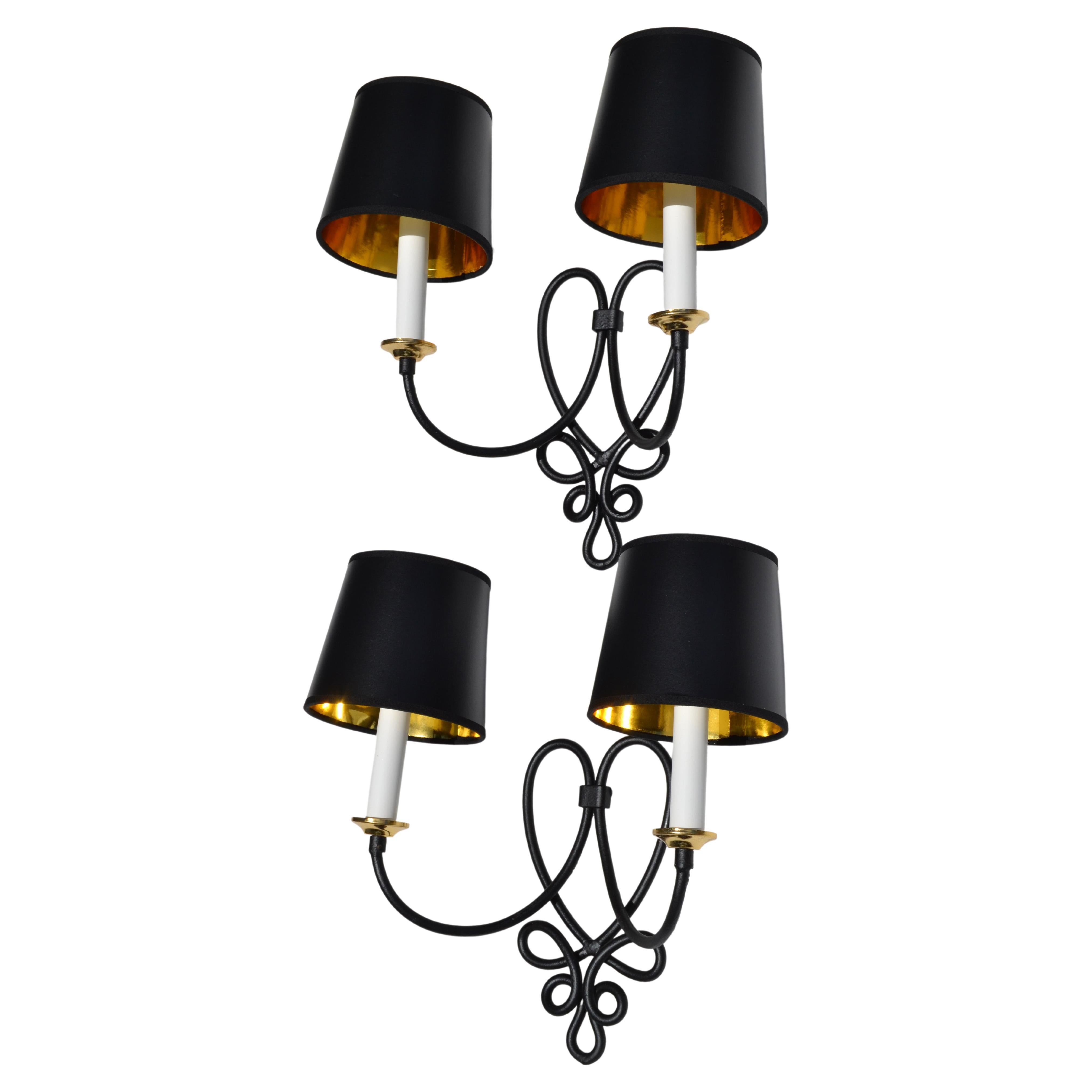 Art Deco Pair, Rene Prou French 2 Lights Wrought Iron & Brass Wall Sconces Black Finish For Sale