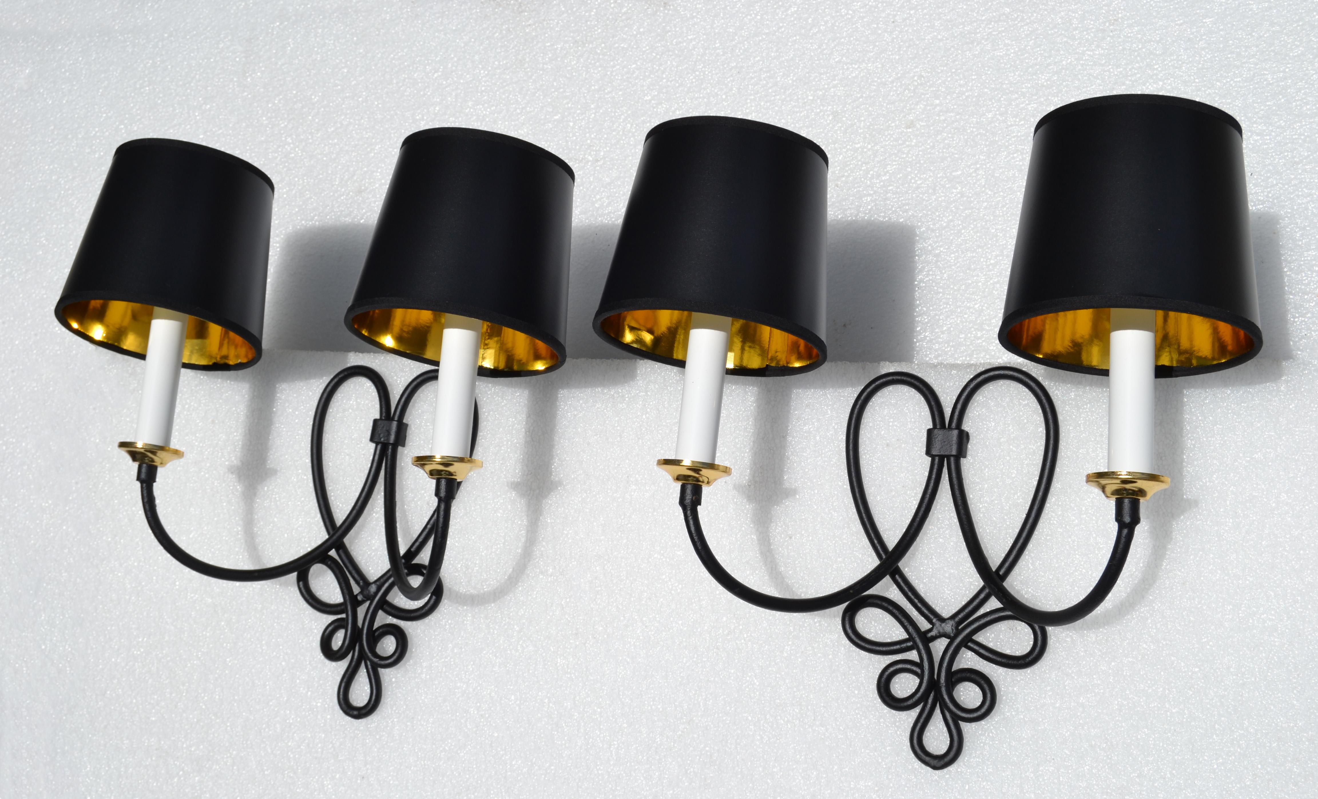 Pair, Rene Prou French 2 Lights Wrought Iron & Brass Wall Sconces Black Finish In Good Condition For Sale In Miami, FL