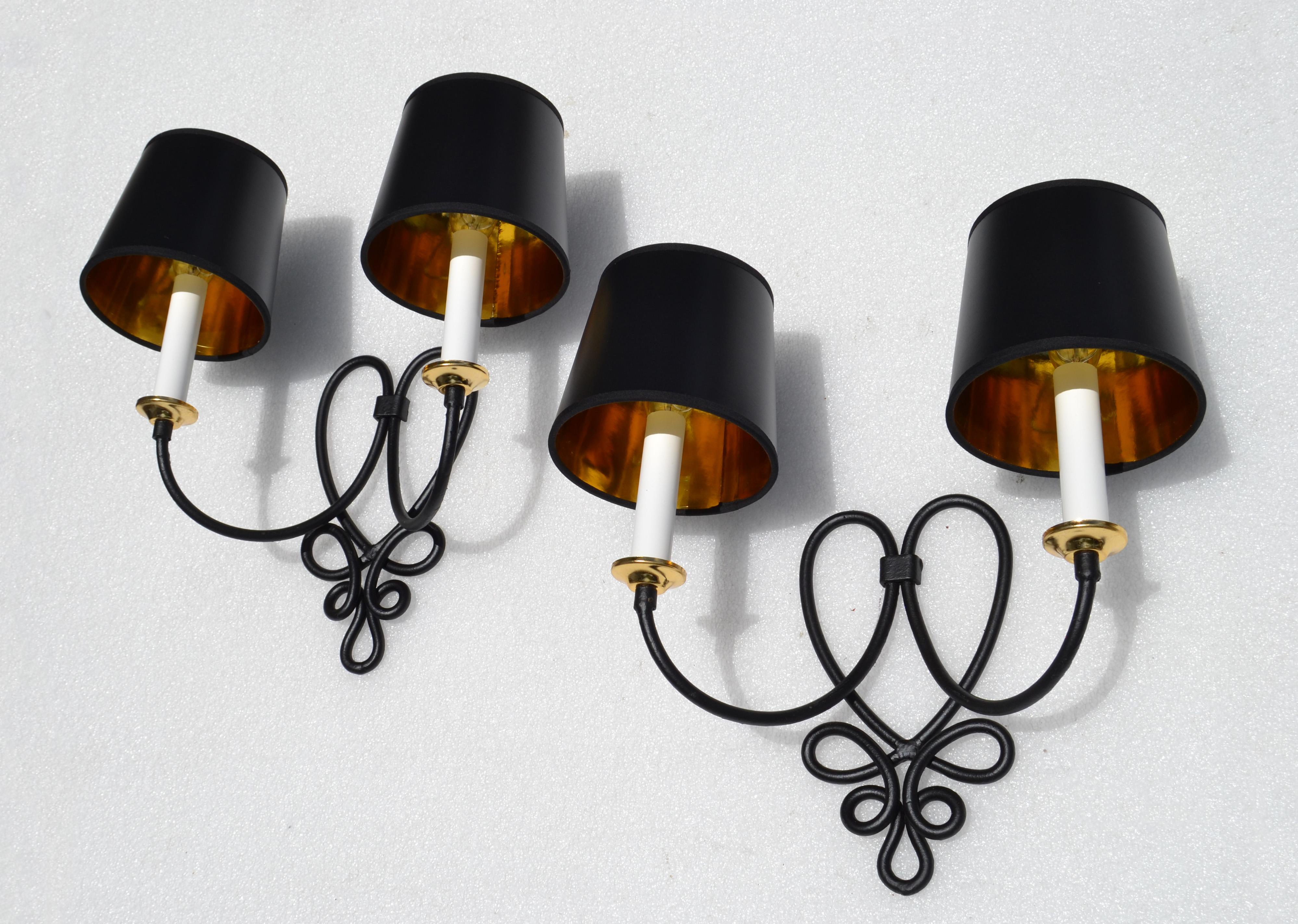 Mid-20th Century Pair, Rene Prou French 2 Lights Wrought Iron & Brass Wall Sconces Black Finish For Sale