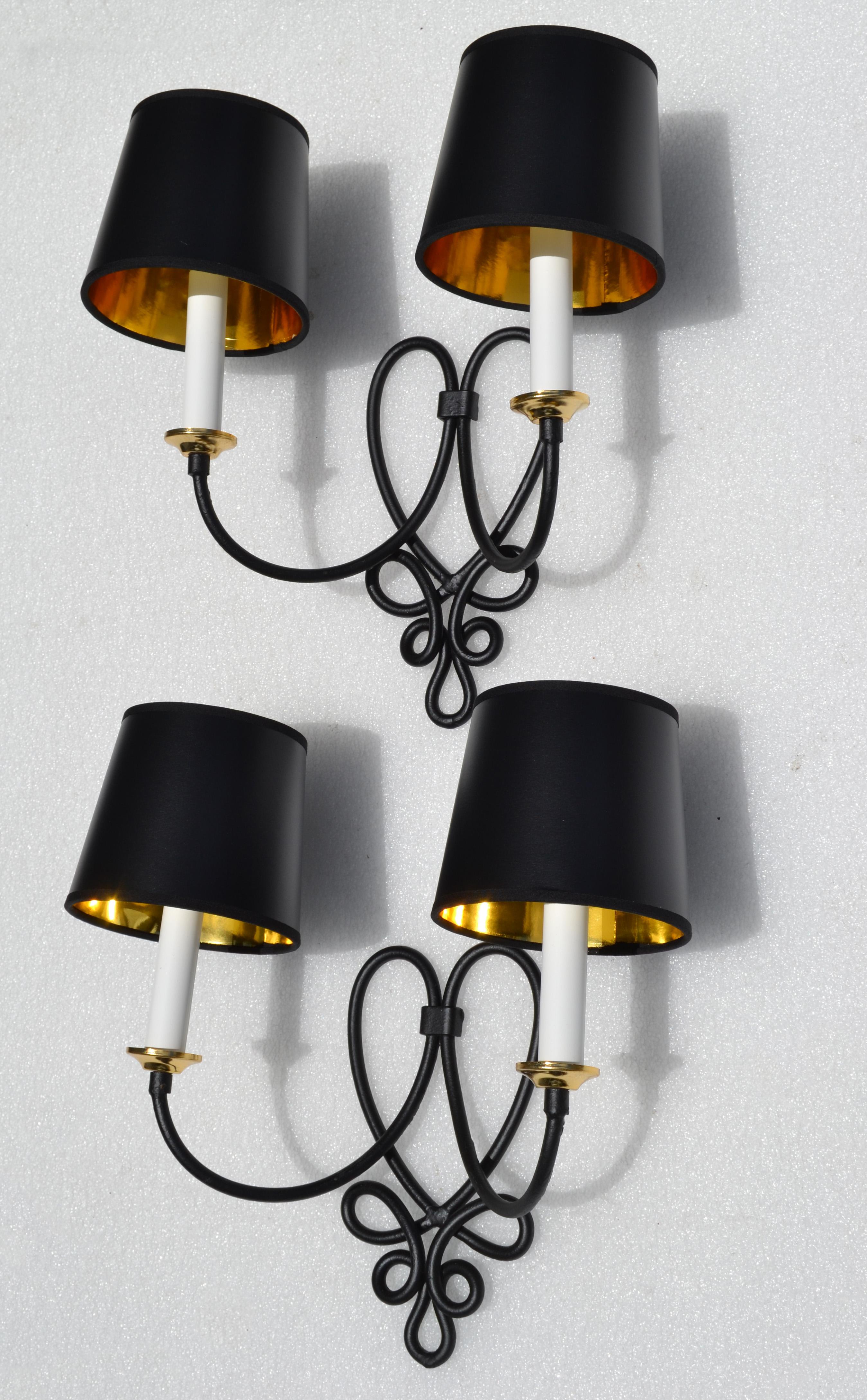 Pair, Rene Prou French 2 Lights Wrought Iron & Brass Wall Sconces Black Finish For Sale 1