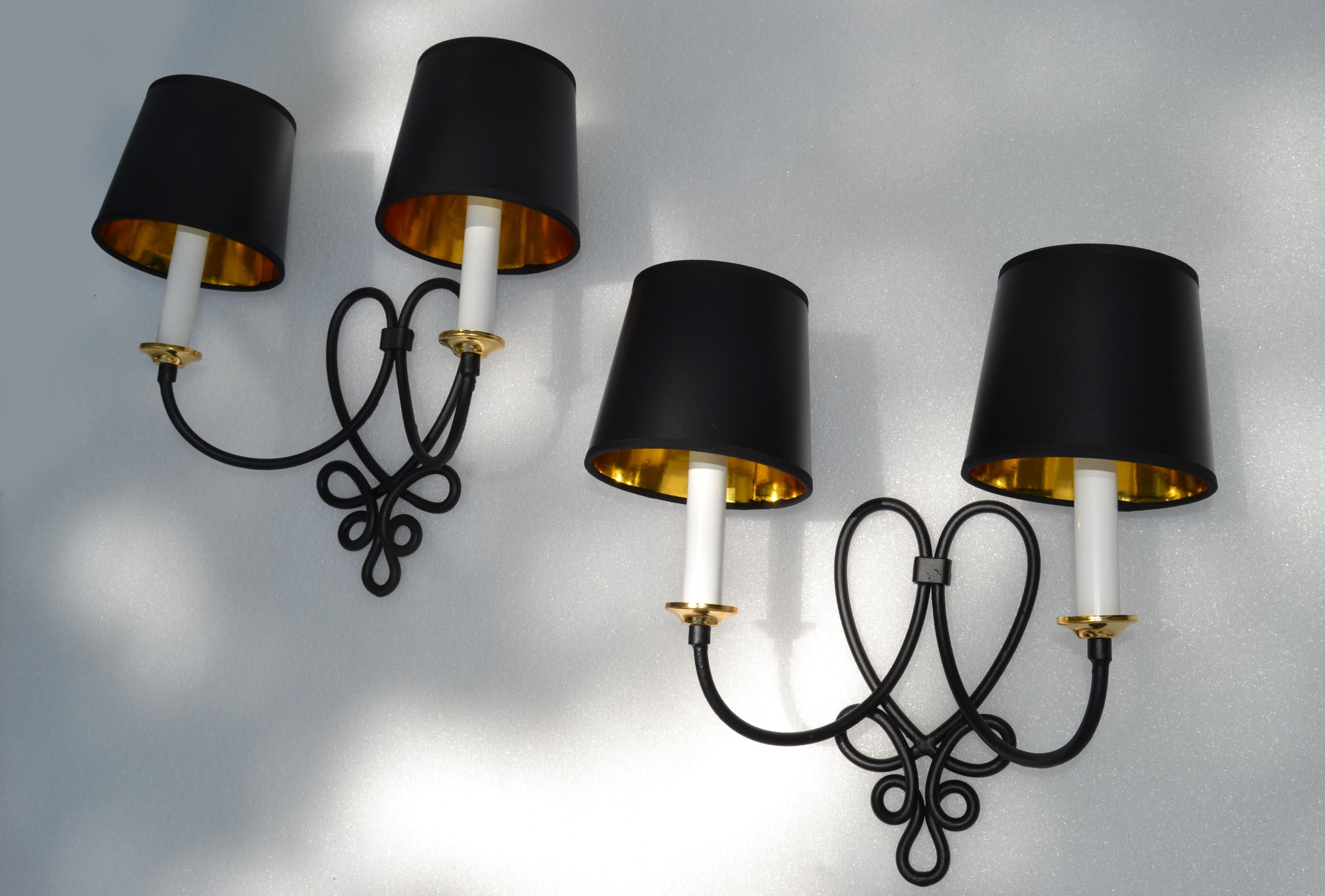 Pair, Rene Prou French 2 Lights Wrought Iron & Brass Wall Sconces Black Finish For Sale 2