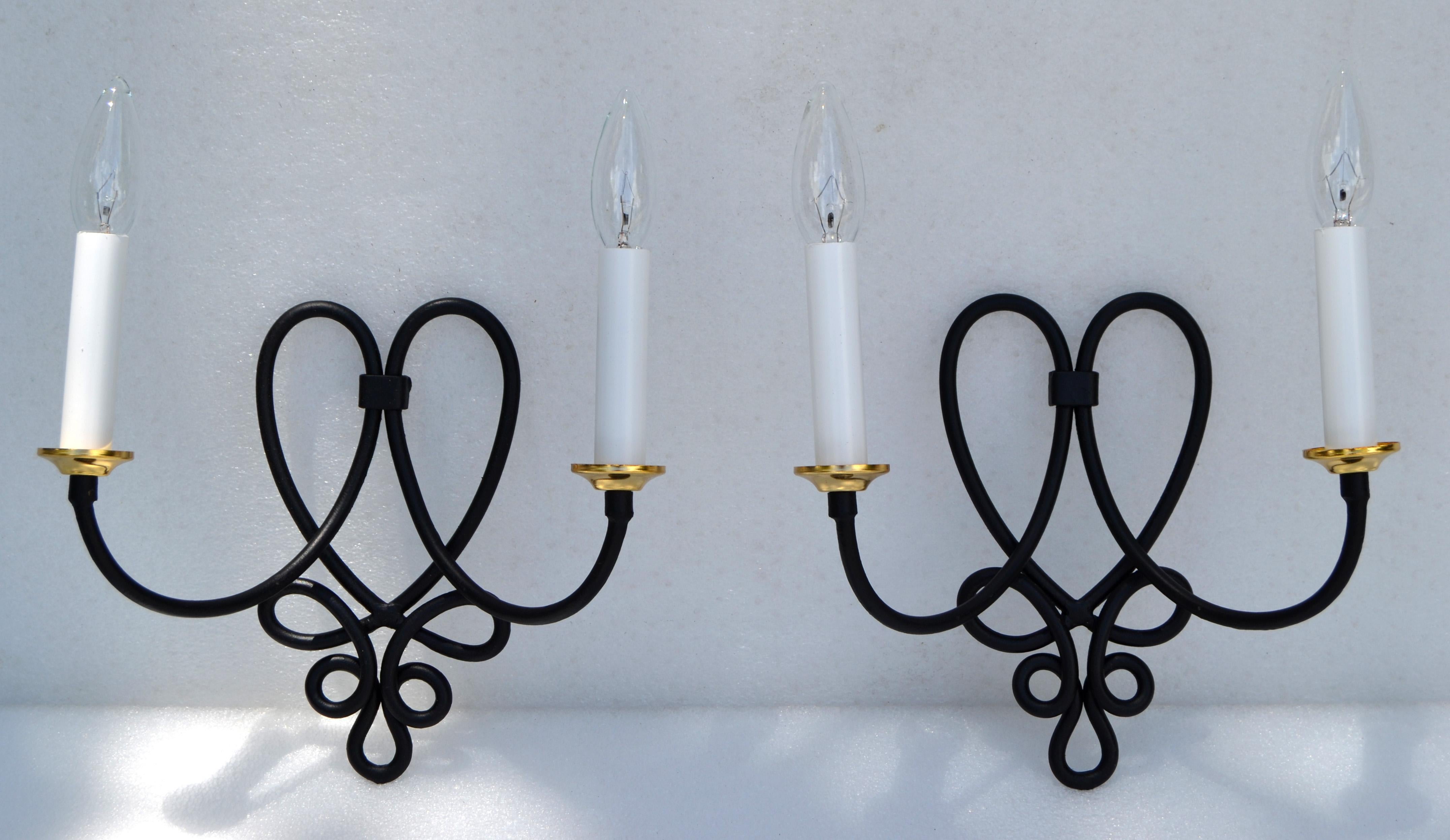 Pair, Rene Prou French 2 Lights Wrought Iron & Brass Wall Sconces Black Finish For Sale 3