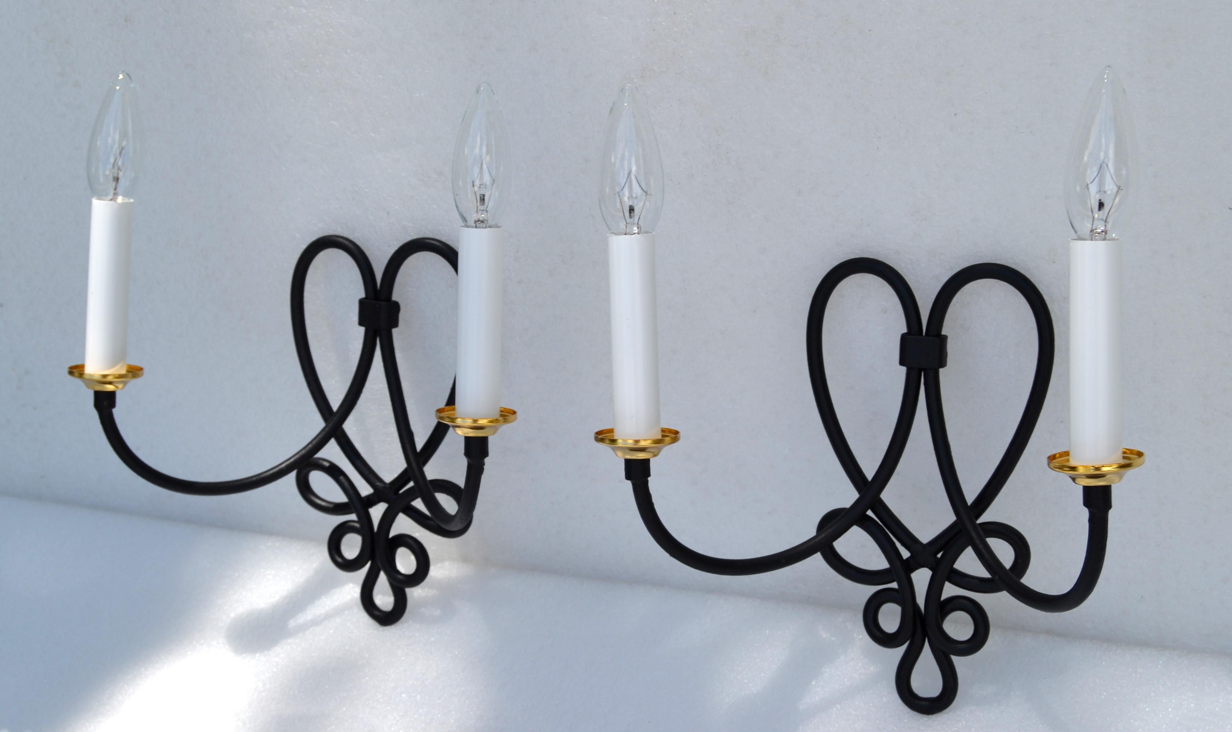 Pair, Rene Prou French 2 Lights Wrought Iron & Brass Wall Sconces Black Finish For Sale 4