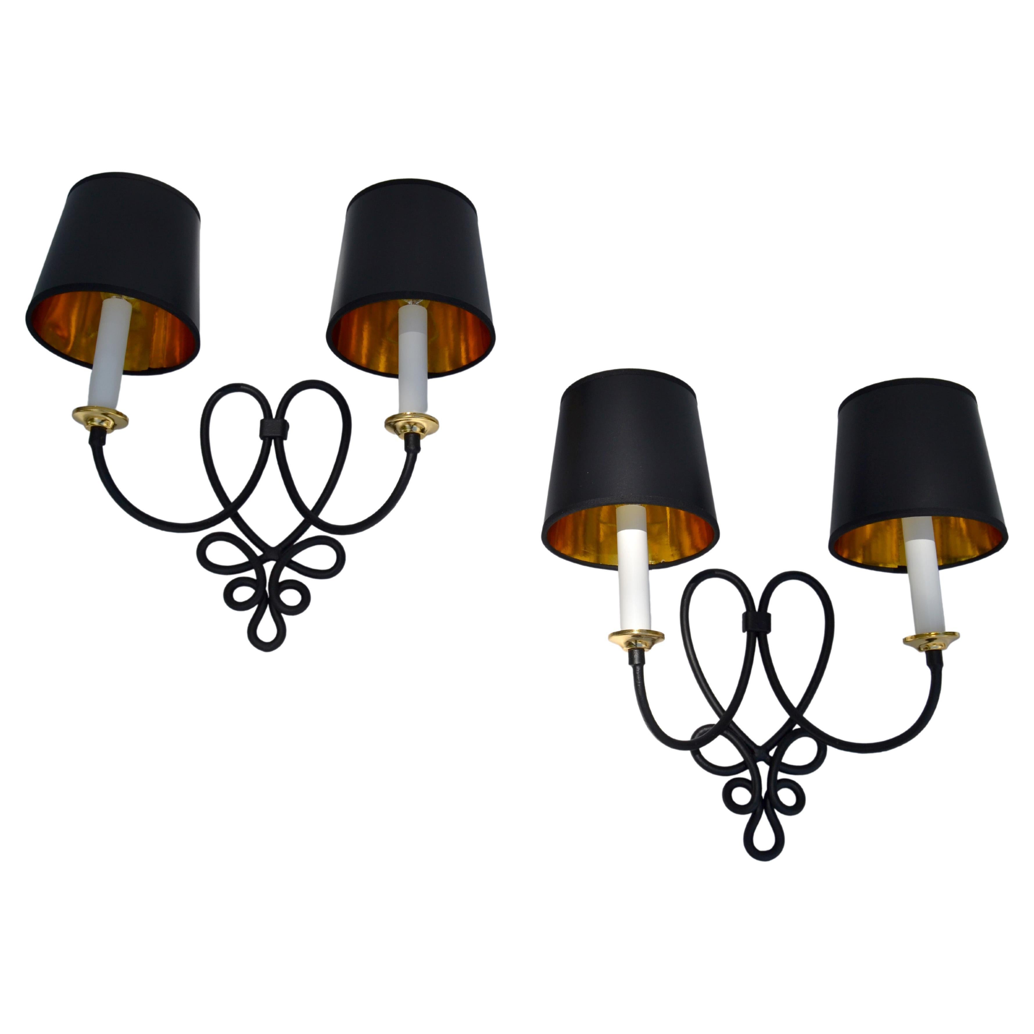 Pair, Rene Prou French 2 Lights Wrought Iron & Brass Wall Sconces Black Finish For Sale