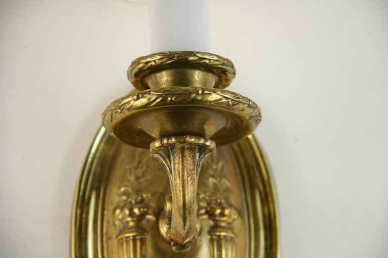 Pair of Repousse Brass Sconces with Custom Shades, circa 1920 For Sale 6