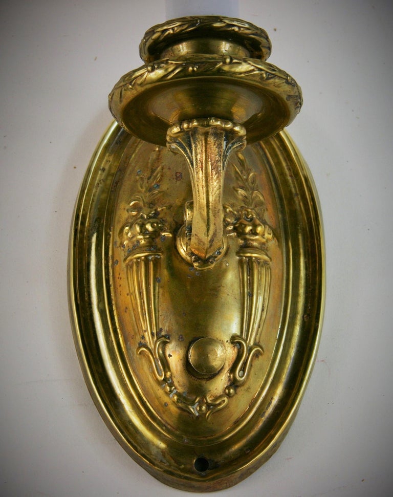 Pair of Repousse Brass Sconces with Custom Shades, circa 1920 In Good Condition For Sale In Douglas Manor, NY