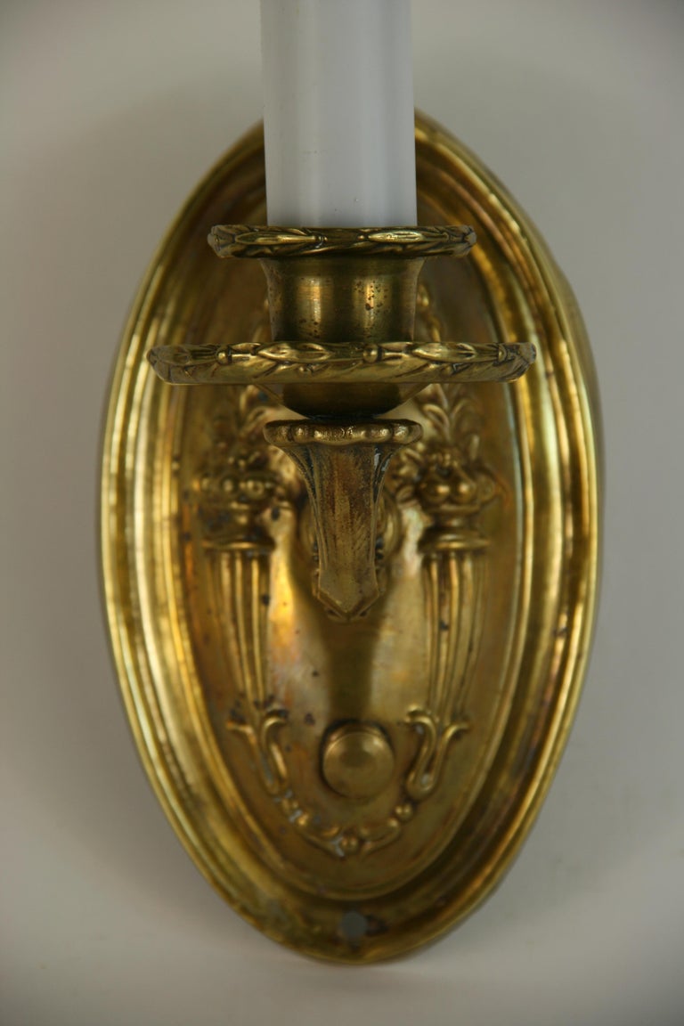 Pair of Repousse Brass Sconces with Custom Shades, circa 1920 For Sale 1