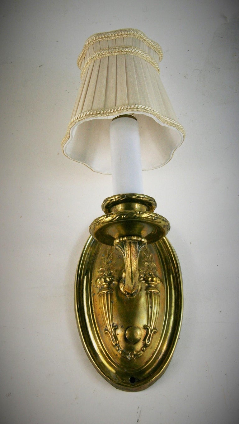 Pair of Repousse Brass Sconces with Custom Shades, circa 1920 For Sale 4