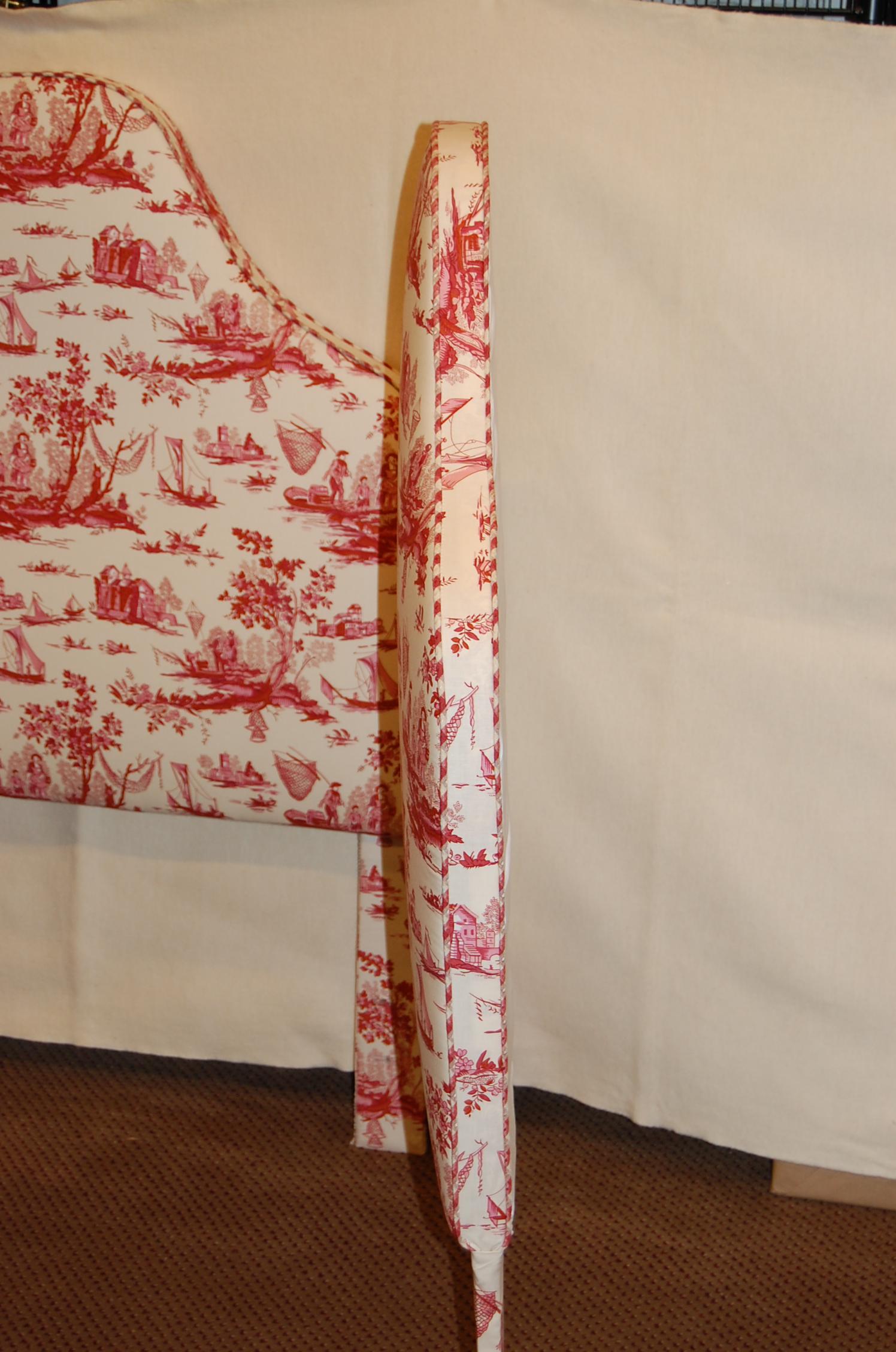 American Pair of Reproduction Twin Size Headboards in Red / White Toile Fabric