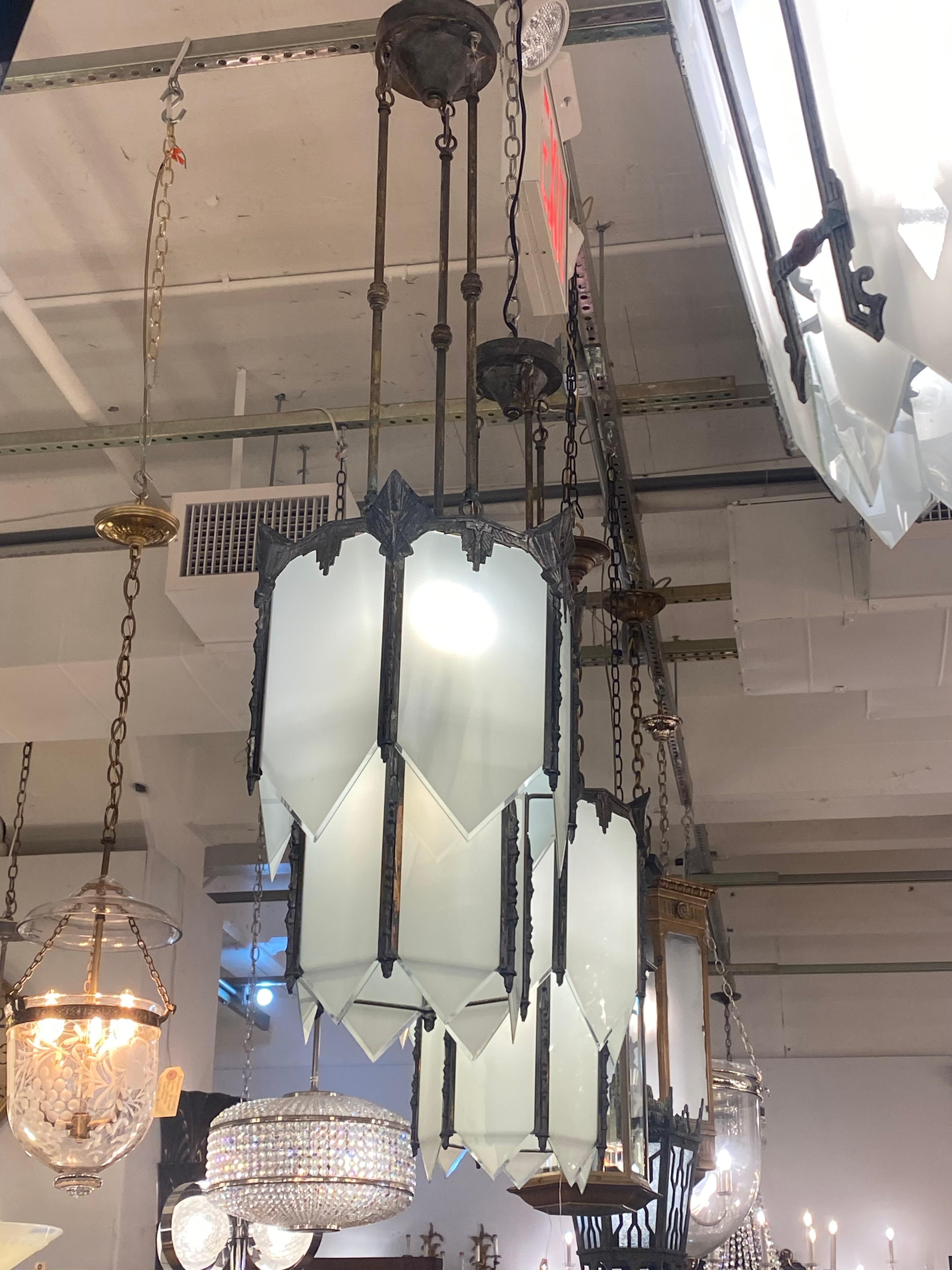 Pair Art Deco Nickel Plated Pendant Lights Brass + White Glass Shades For Sale 5
