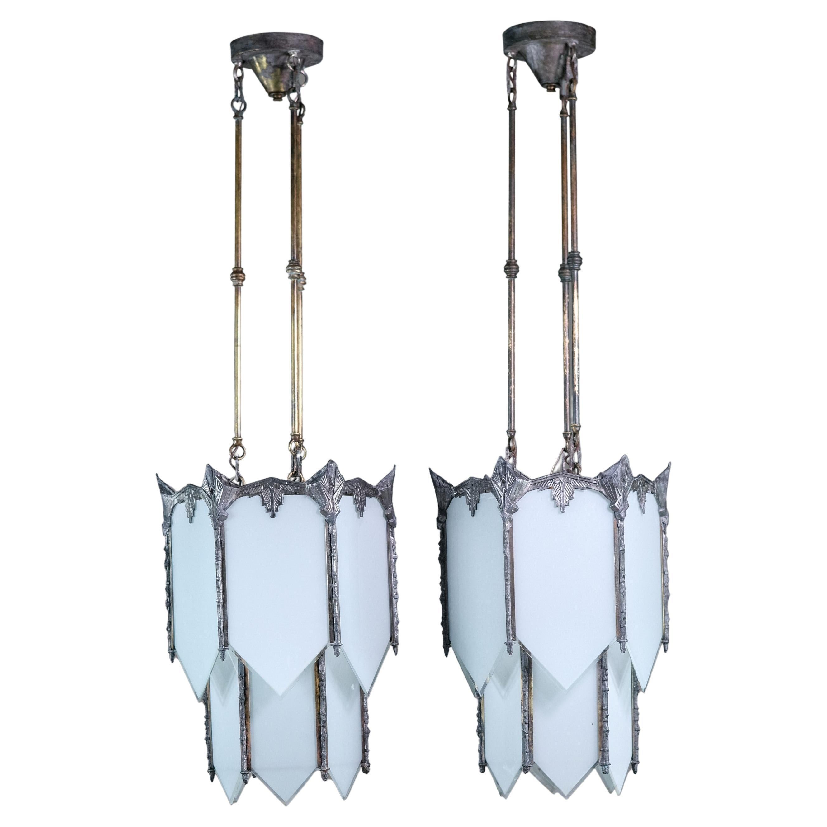 Pair Art Deco Nickel Plated Pendant Lights Brass + White Glass Shades For Sale