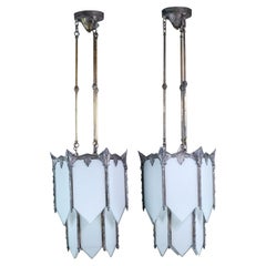 Antique Pair Art Deco Nickel Plated Pendant Lights Brass + White Glass Shades