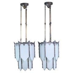 Pair Art Deco Nickel Plated Pendant Lights Brass + White Glass Shades